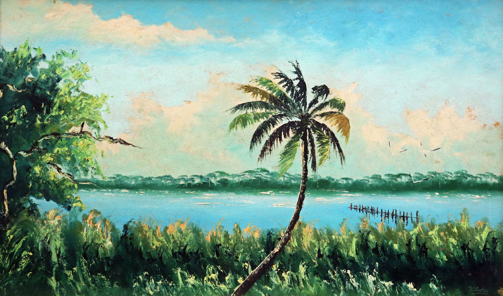 HEZEKIAH BAKER PALM & DOCK HIGHWAYMEN PAINTING (1 of 6)
