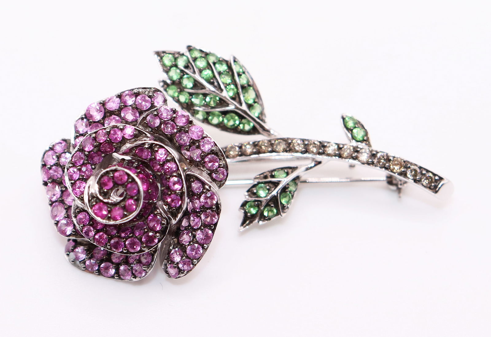 18K WHITE GOLD FLOWER DIAMOND & GEMSTONE BROOCH (1 of 3)