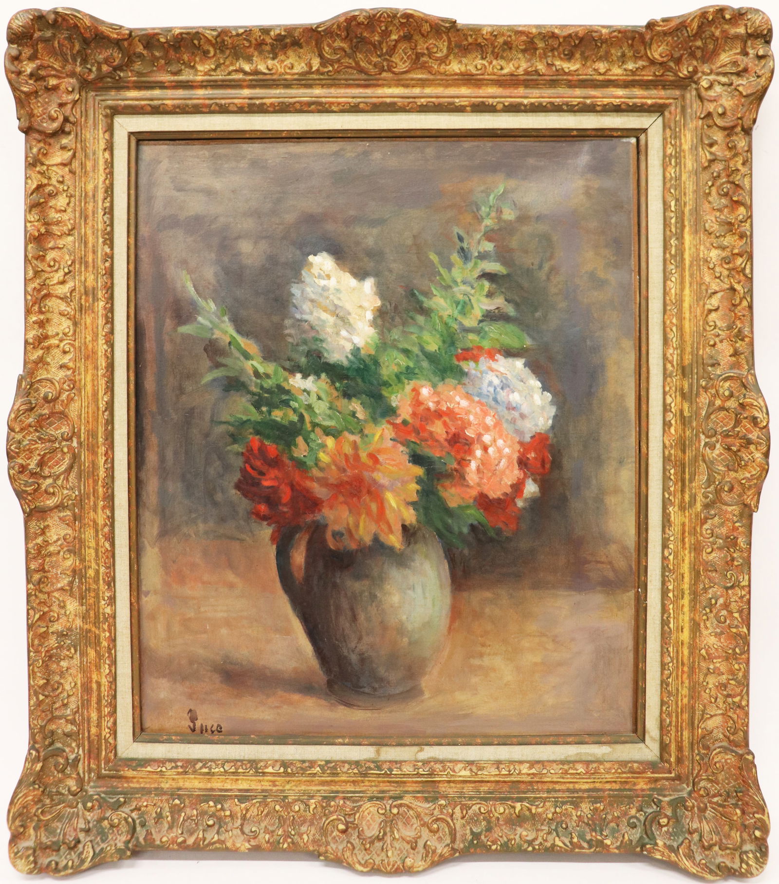 MAXIMILIEN LUCE FLORAL STILL LIFE PAINTING: Maximilien Luce (French, 1858-1941) Still life oil painting of flowers in a vase - Pivoines, Geraniums Et Lilas Blancs. Signed lower left. Measures 21.5" x 18" on paper laid on canvas and 29.5" x 25.5