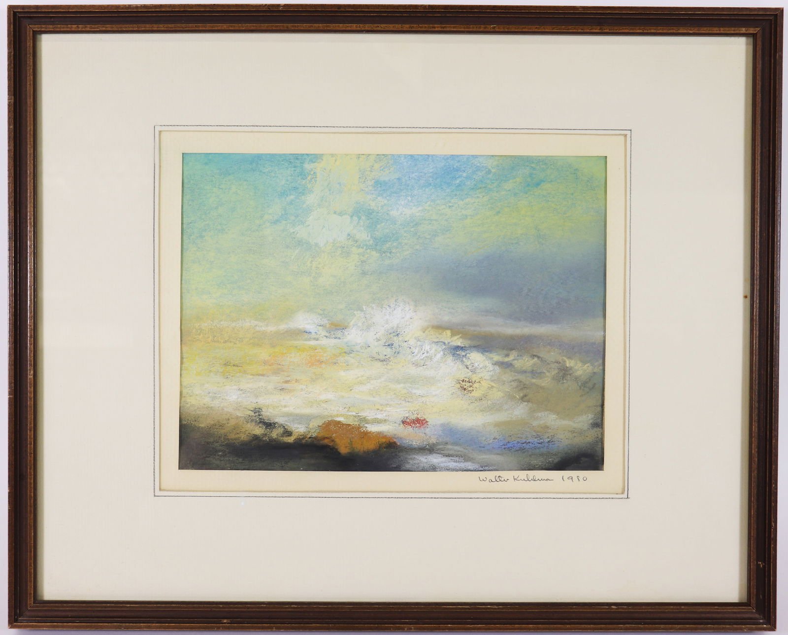 WALTER KUHLMAN SEASCAPE PAINTING: Walter Egel Kuhlman (American, 1918-2009) Seascape mixed media / pastel painting on paper. Signed on paper lower right and dated 1979 and also signed lower right on matting and dated 1980. Painting me