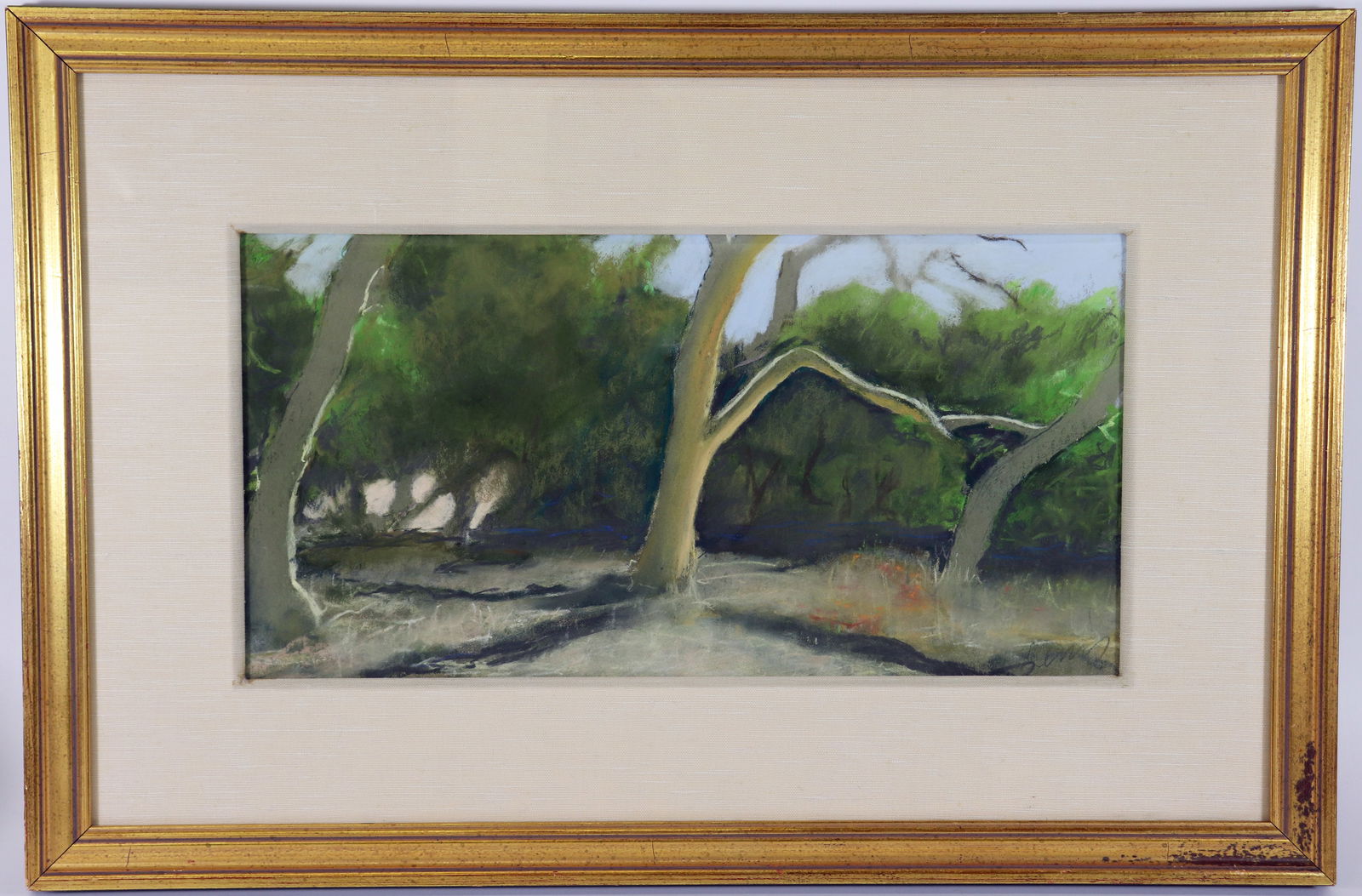 PATTY LOOK LEWIS "BOESEKE II" CALIFORNIA PASTEL: Patty Look Lewis pastel painting titled "Boeseke II" of a California landscape with trees. Signed lower right. Label on verso from Patricia Owens Fine Art in Montecito California. Measures 20.5" x 10.