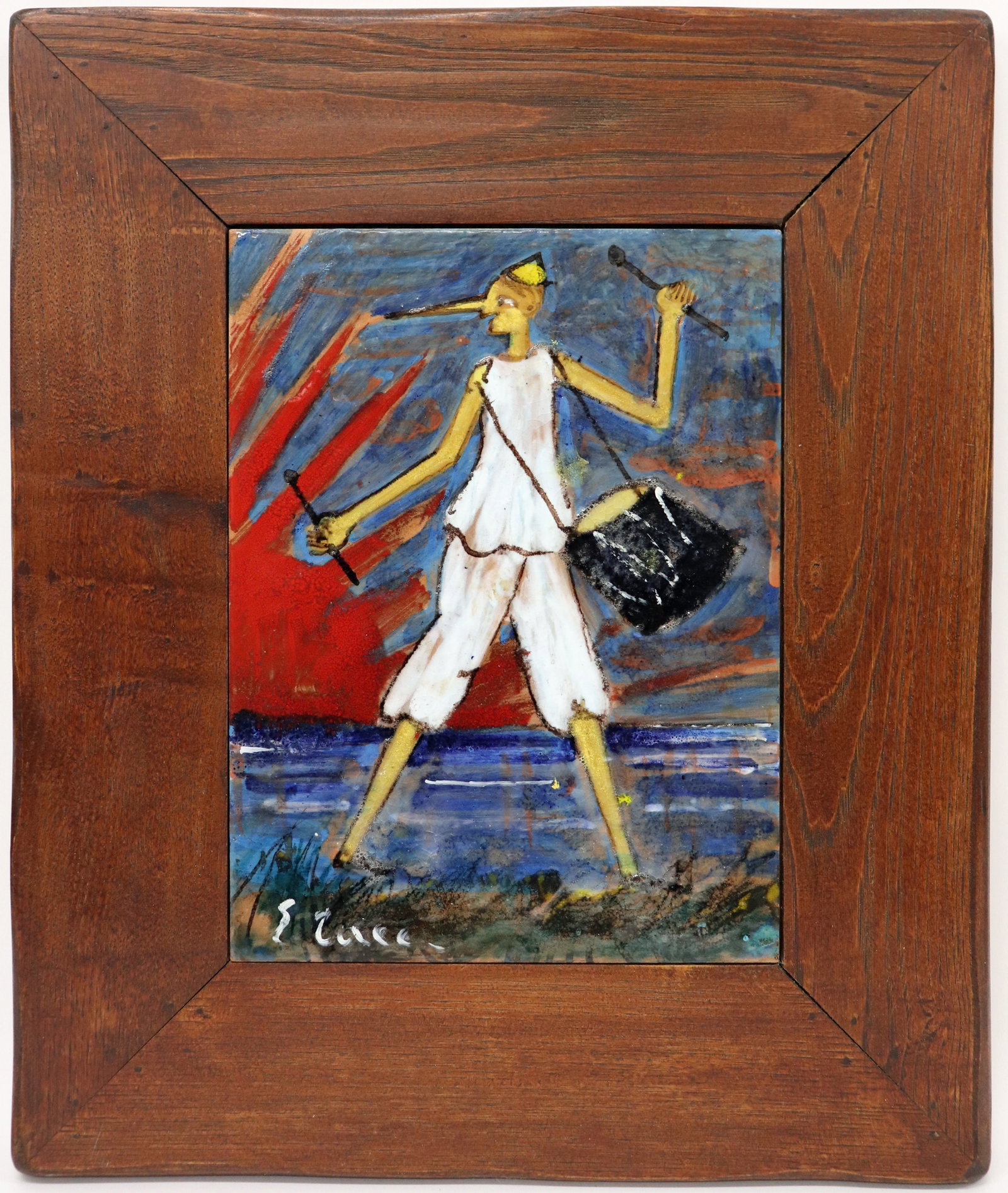 ITALIAN PINOCCHIO PORCELAIN PLAQUE " TACCINI": Italian vibrantly painted porcelain plaque mounted on wood of Pinocchio by Italian painter Eugenio Taccini. Signed lower left and also on verso. Measures 13" x 9.75" and 21" x 17.75" w/ frame.