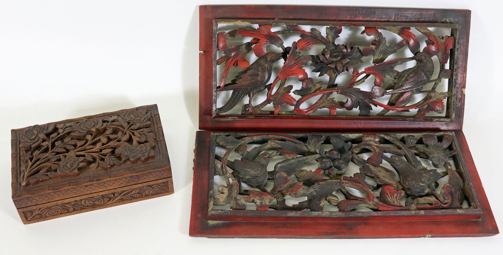 2 CHINESE HIGH RELIEF BIRD PANELS & BOX (1 of 6)