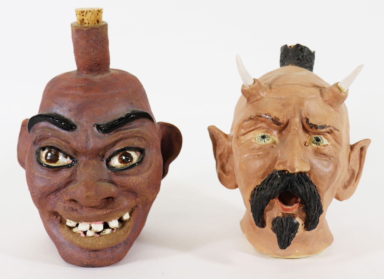 (2) FOLK ART POTTERY FACE JUGS (1 of 5)