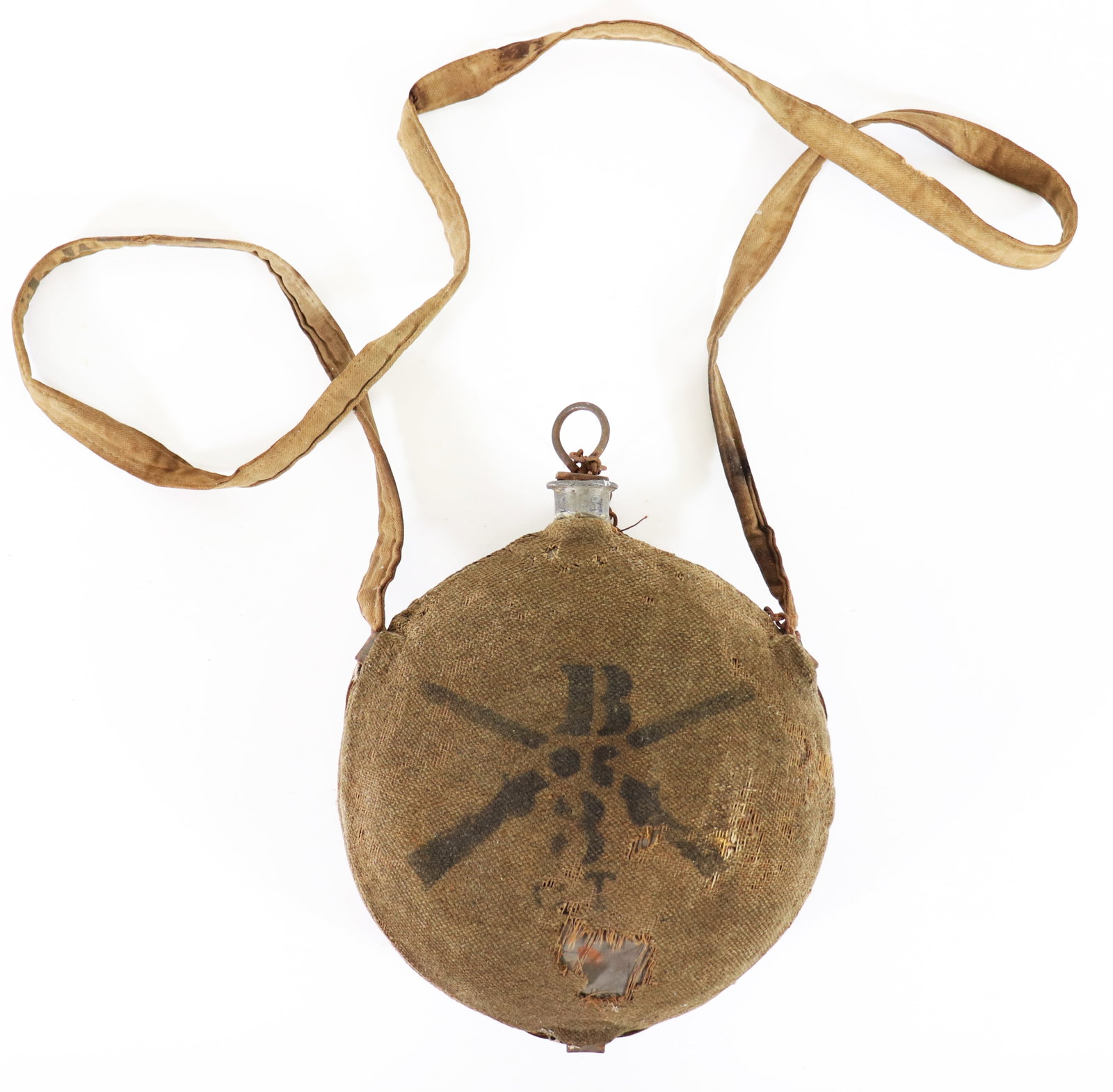 US CIVIL WAR "BULLSEYE" CANTEEN WITH STRAP: A Civil War era bulls eye style canteen with strap and cap. It has a cloth cover with the markings B 8 and a cross shield. By the cap there are some manufacturer markings, possibly Horstmann Brothers.