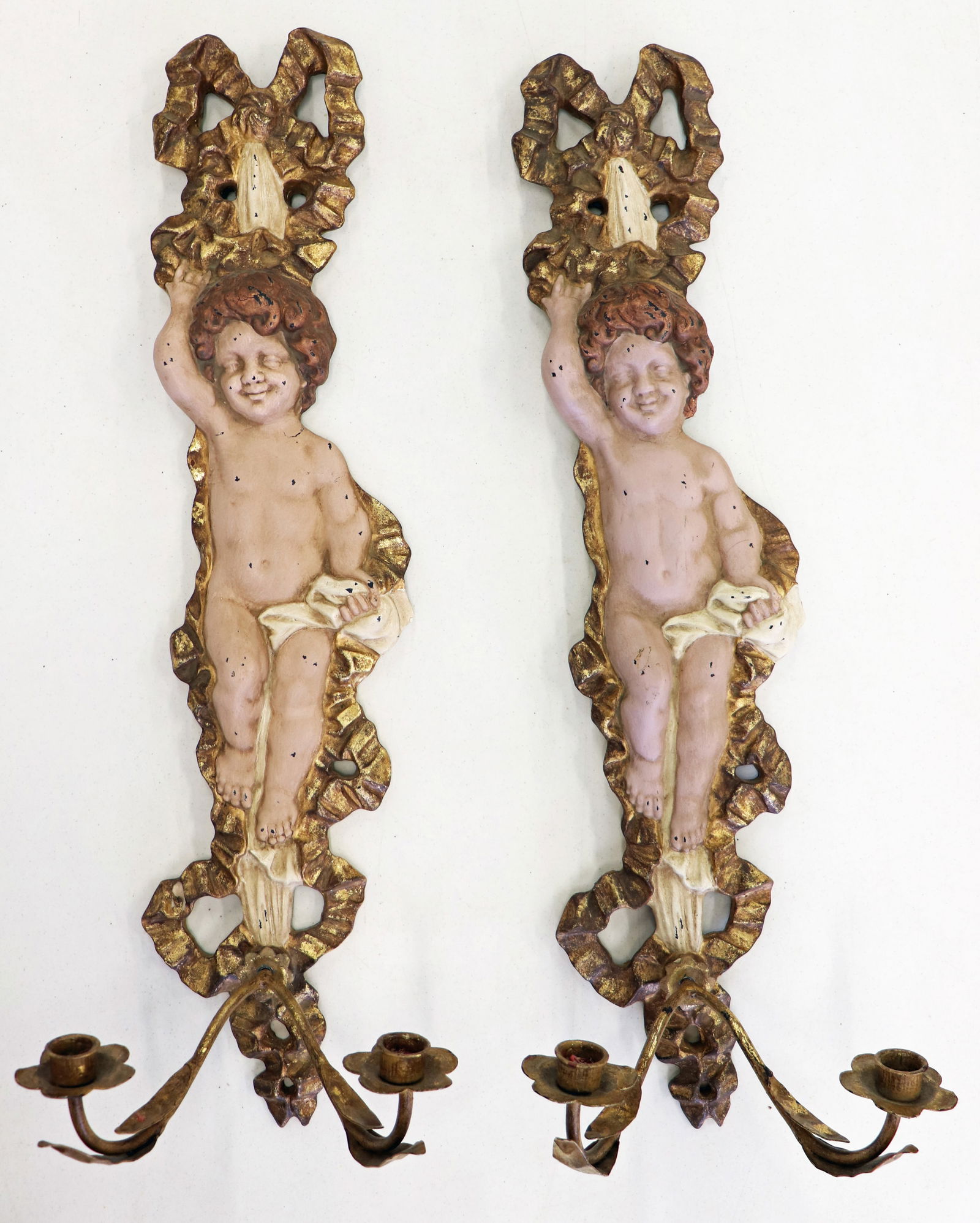 (2) ANTIQUE BAROQUE POLYCHROME CHERUB SCONCES (1 of 4)