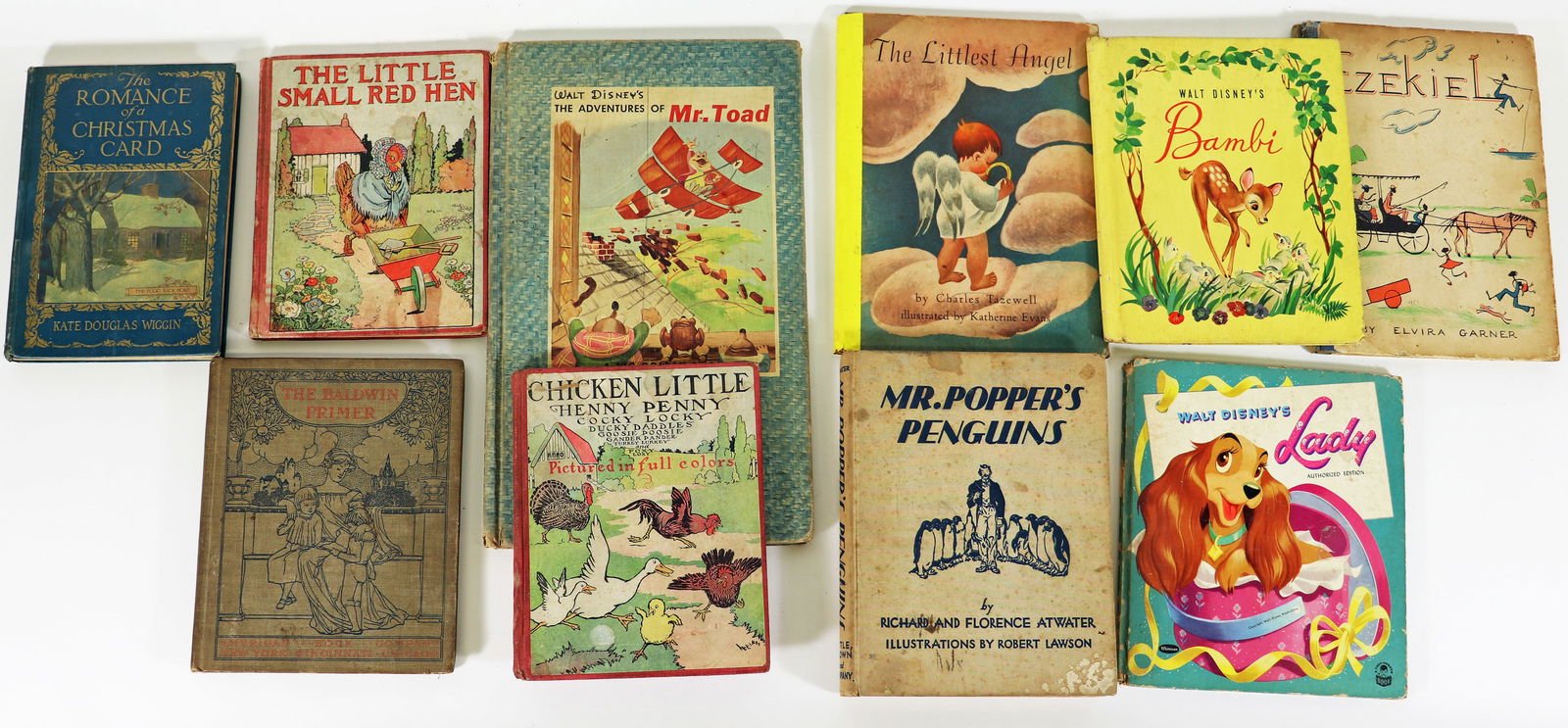 COLLECTION OF VINTAGE CHILDREN'S BOOKS: Includes The Little Small Red Hen, The Romance of a Christmas Card, Chicken Little Henny Penny, The Baldwin Primer, The Littlest Angel, Ezekiel, Walt Disney;s Bambi, Lady, Mr. Popper's Penguins and Wa