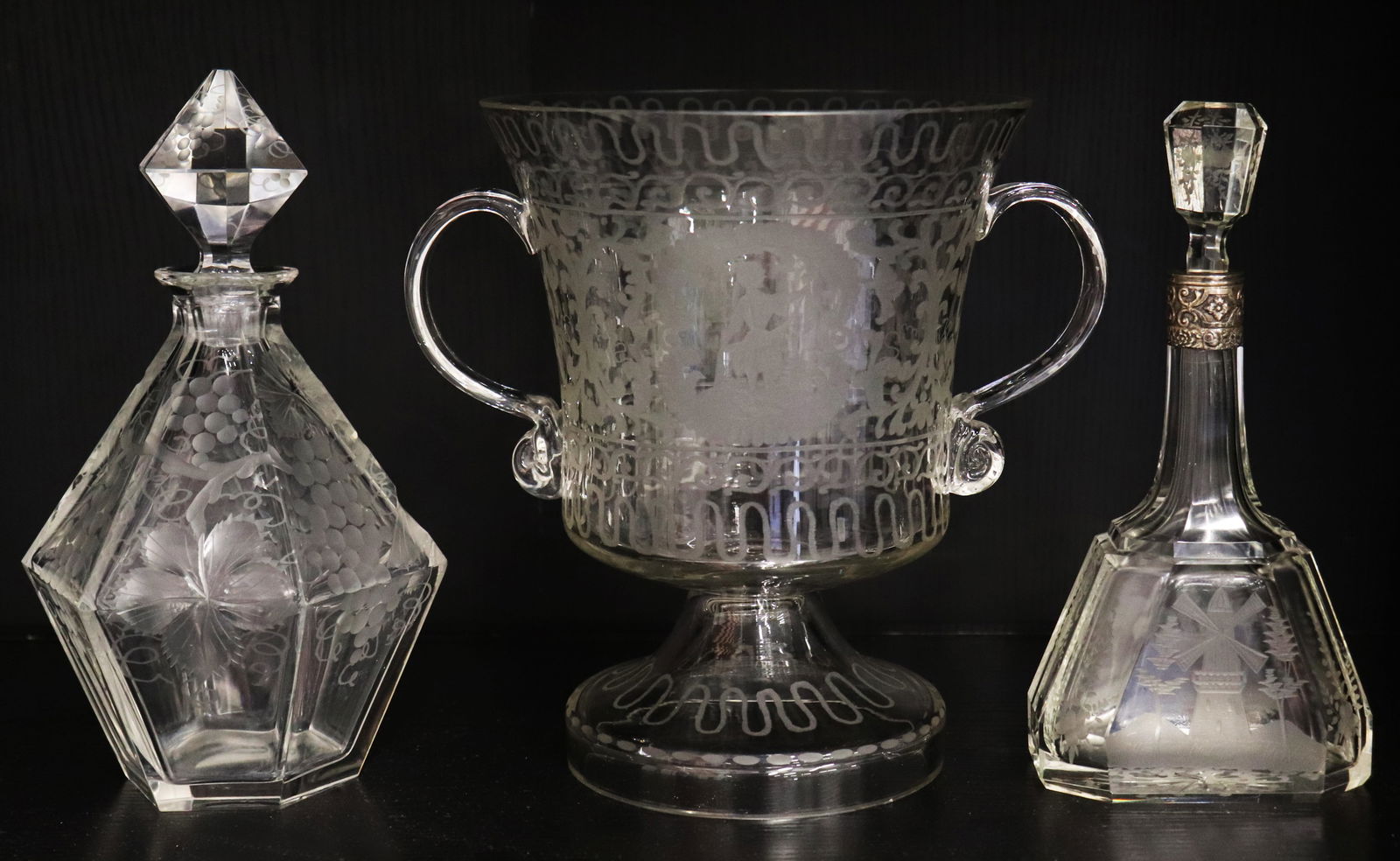 3 PC ANTIQUE ETCHED GLASS PERFUME BOTTLES & BUCKET (1 of 4)