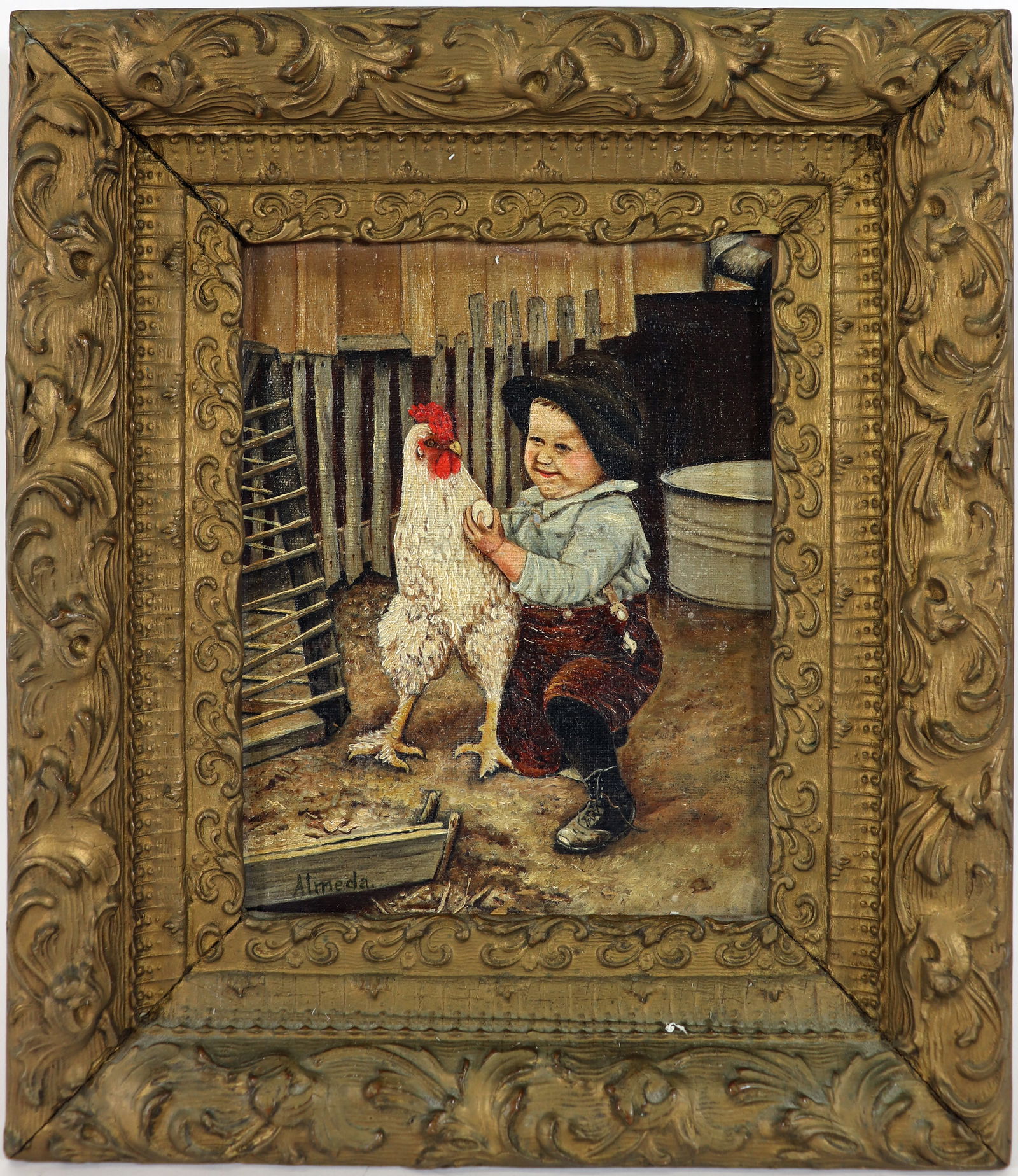 BOY HOLDING CHICKEN EGG - OIL PAINTING - ALMEDA: An oil painting of a barnyard scene of a young boy sitting next to a chicken with a big grin on his face after finding an egg. Signed lower left Almeda. Small tear on canvas. 8" x10" (Framed 13.25" x