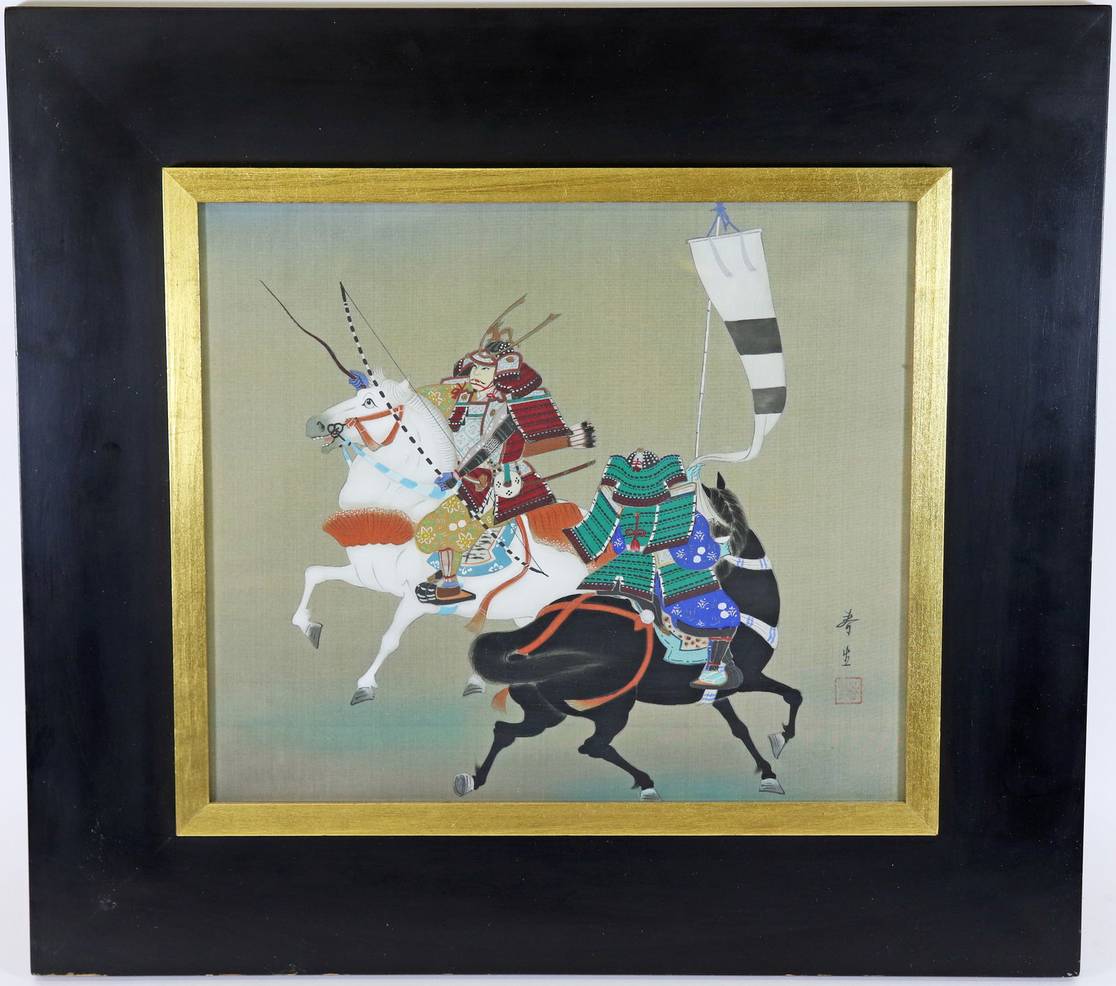 JAPANESE SAMURAI WARRIORS PAINTING: Japanese painting on silk of two samurai warriors on horseback. Signed lower right. Measures 16" x 14" (sight) and 24.5" x 22.5" with frame.