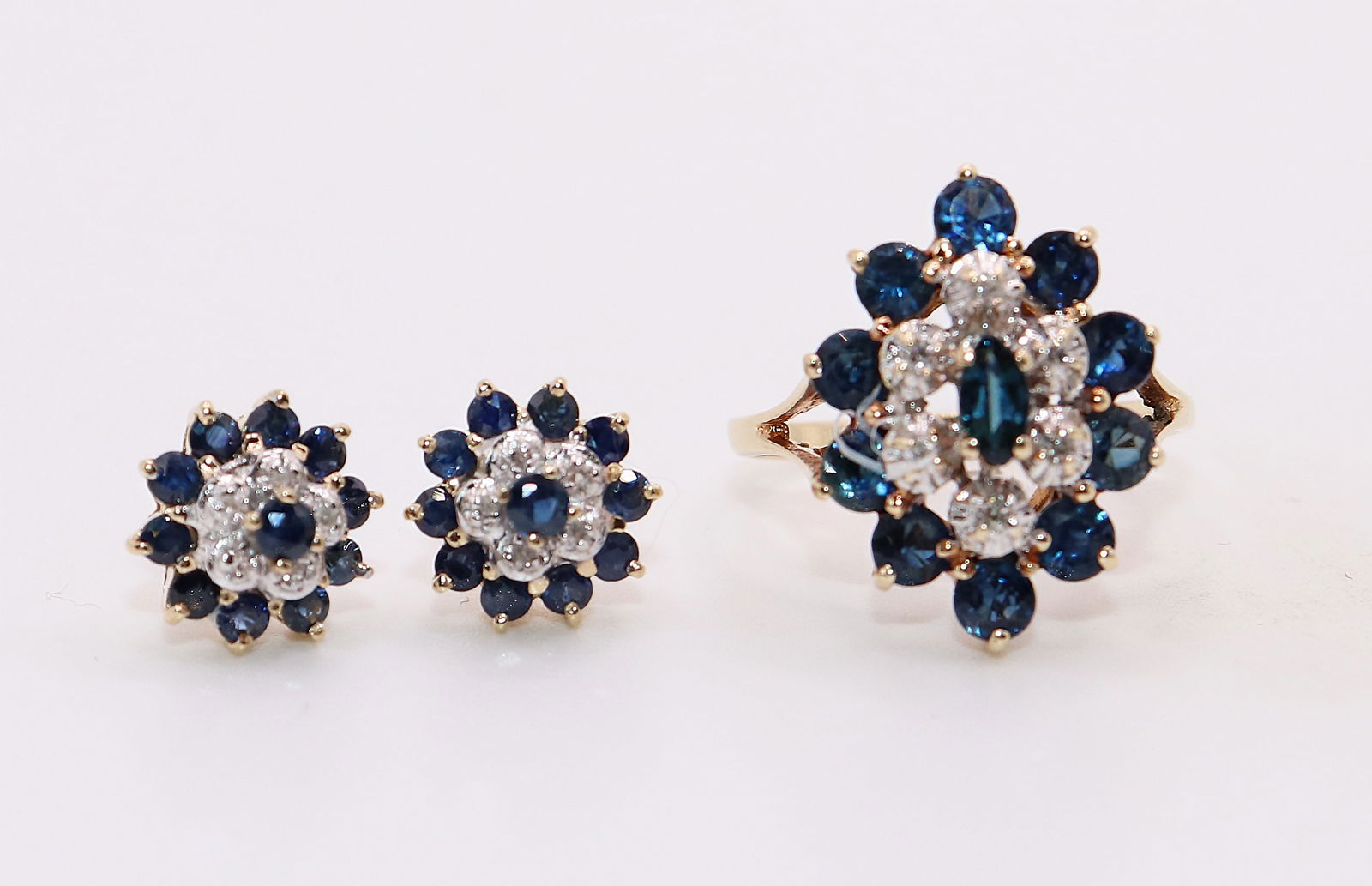 14K GOLD BLUE SAPPHIRE & DIAMOND RING & EARRINGS (1 of 3)