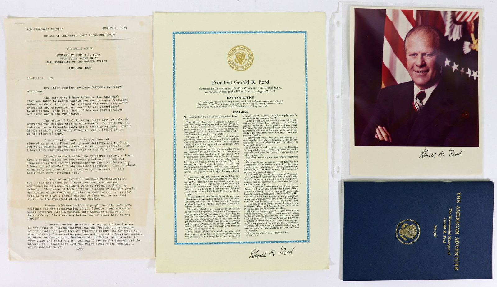 GERALD FORD 1974 PRESS RELEASE & INAUGURATION: Includes what appears to be an an original (?) press release with remarks by Gerald R. Ford upon being sworn in as 38th President of the United States. It states For Immediate Release August 9, 1974 O