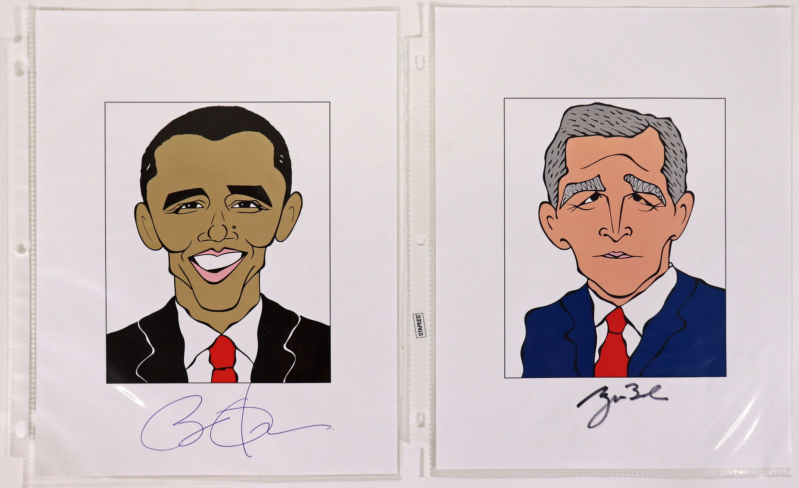 PRESIDENTAIL CARICATURES - SIGNED OBAMA & BUSH (1 of 3)