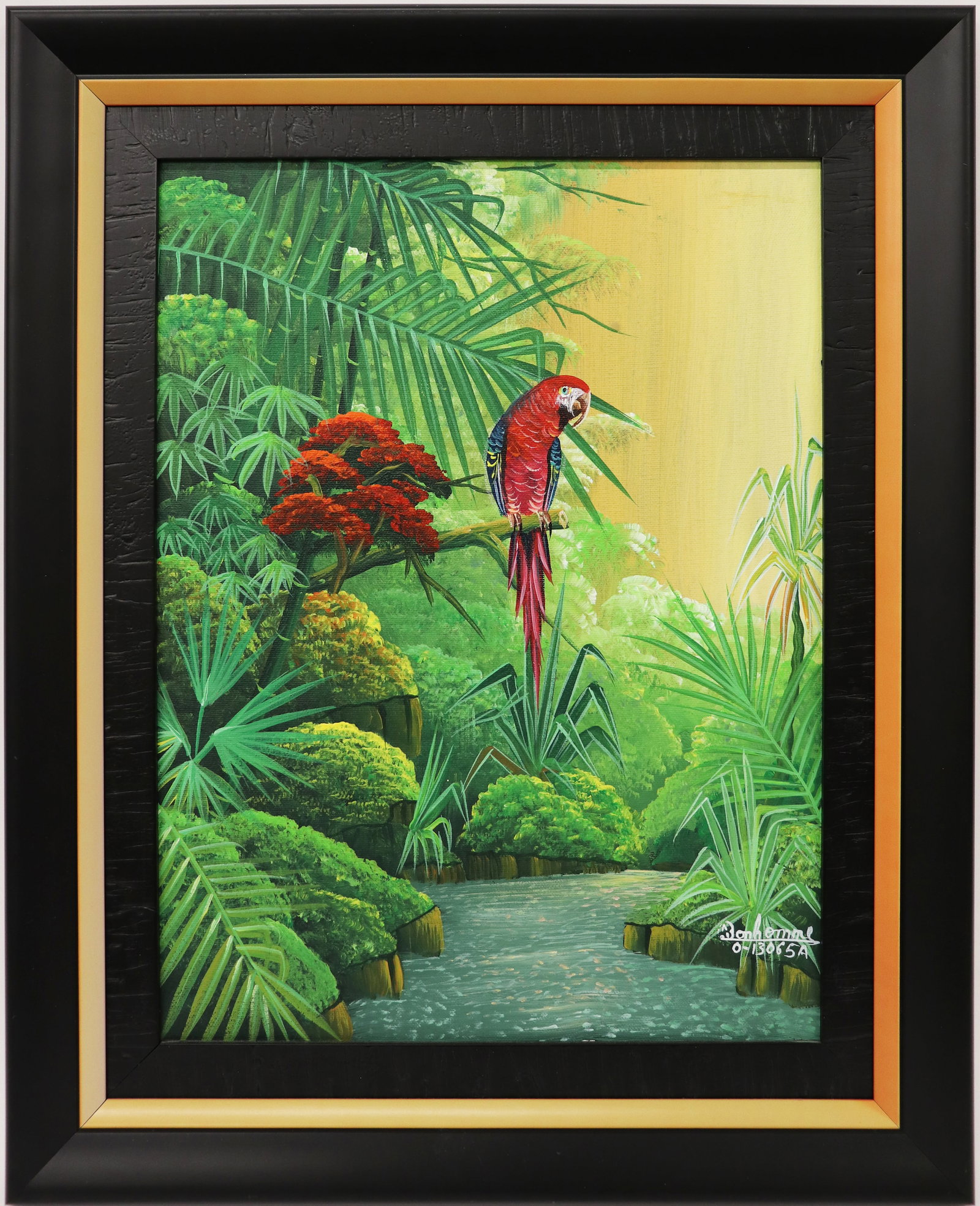 ALBERT BONHOMME HAITIAN SCARLET MACAW PAINTING: Albert Bonhomme (b. 1963) Colorful Haitian painting of a scarlet macaw on a branch with red and green vegetation. Signed lower right. Measures 16" x 12" on canvas & 21.25" x 17.25" w/ frame.