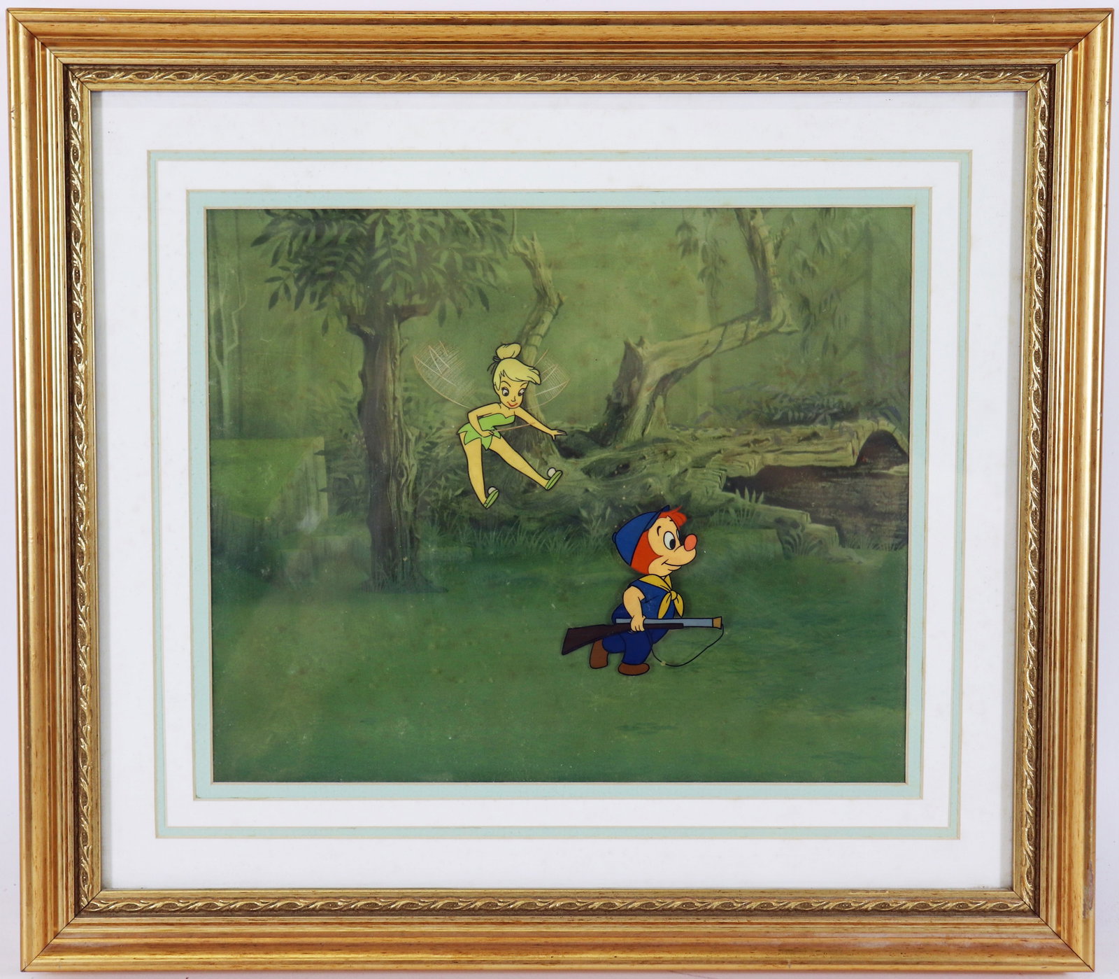 WALT DISNEY ORIGINAL PRODUCTION TINKERBELL CEL: An animation production celluloid drawing of Tinkerbell and Goofy Junior holding a rifle. There is a partial gold label on verso that reads: This is an Original hand painted celluloid drawing actually
