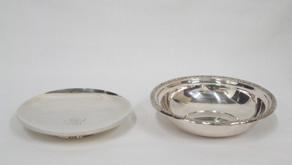 (2) STERLING SILVER DISHES: International Sterling Prelude dish with flowered rim 6" wide 1 1/2" tall, and Black Starr & Gorham Sterling London 1684 Reproduction dish 3/4" tall and 5 1/2" wide. 6.21 OZT.