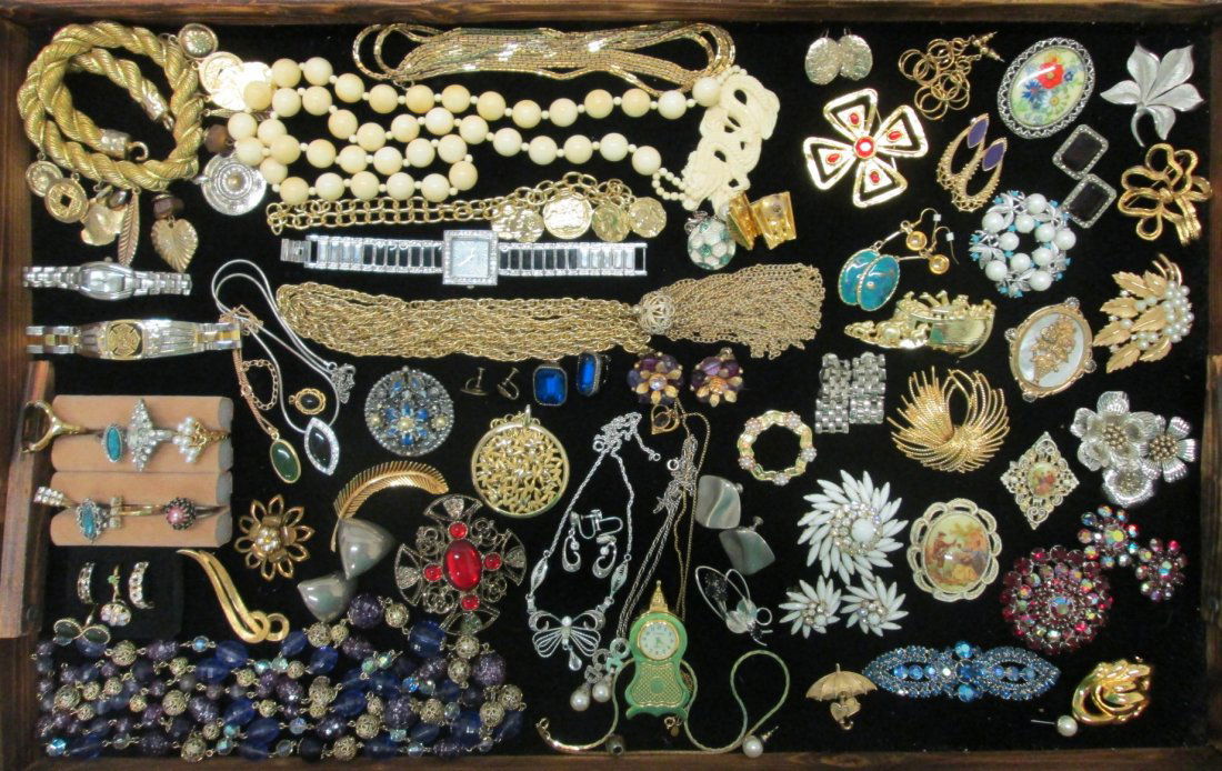 VINTAGE COSTUME JEWELRY: Monet, Trifari, Sterling Silver, Ivory Beaded Dragon Necklace, Thief of Bagdad Kordo, Sara Coventry, Nephrite, AmLee, Bradford Exchange Firemans Bracelet, LC Coro, AJC, Dauplaise, Judy Lee Milk Glass