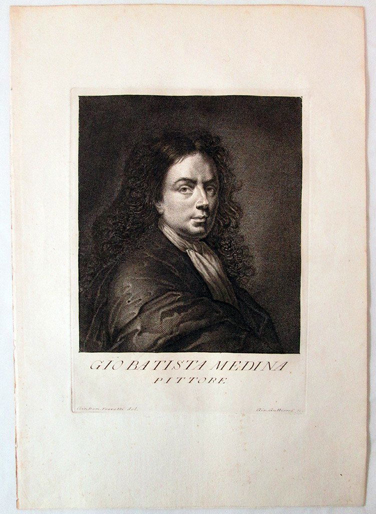 GIO BATISTA MEDINA PITTORE ENGRAVING: Portrait of the Painter Sir John Baptist de Medina. Author: Gutierrez Gennaro; Engraver Giovanni Domenico Ferretti. Size 250mm x 185mm. Provenance: From a private European Collection