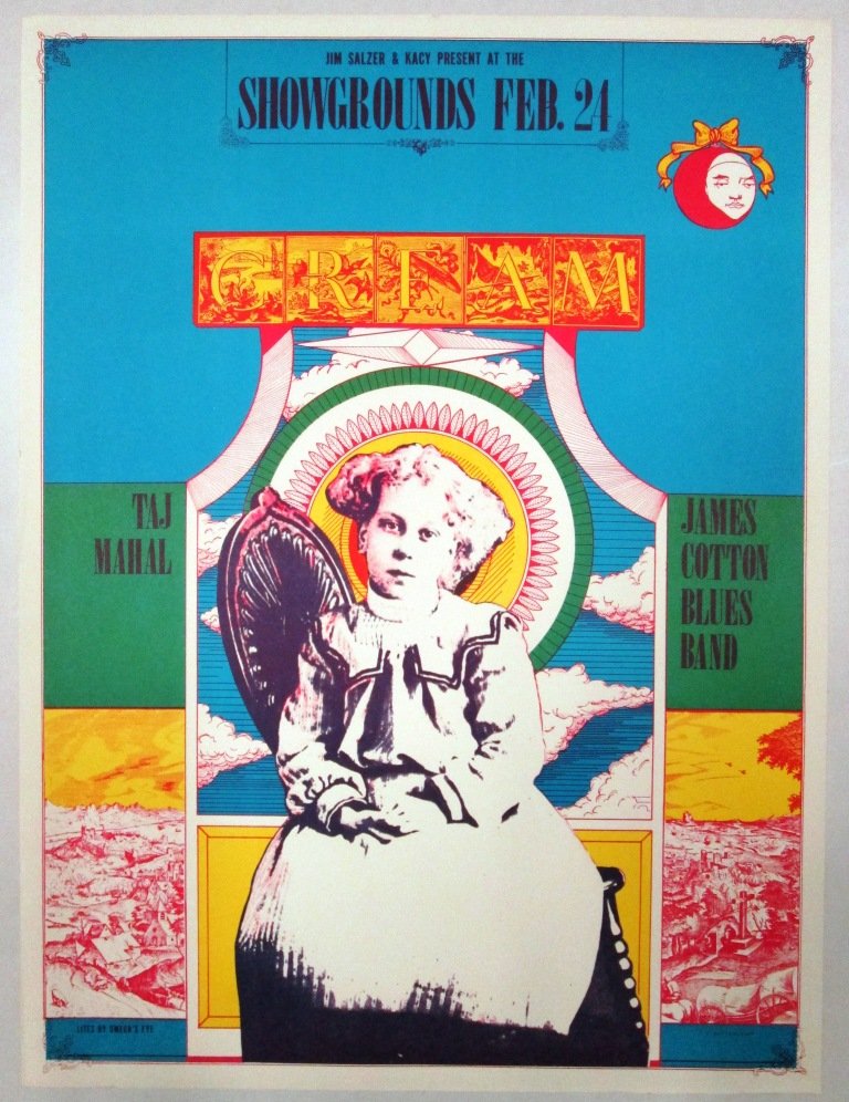 1960'S CREAM CONCERT POSTER: Cream February 24, 1968 at the Earl Warren Showgrounds with Taj Mahal, and James Cotton Blues Band. Poster designed by Frank Bettencourt. Measures 21 3/4" x 16 3/8"