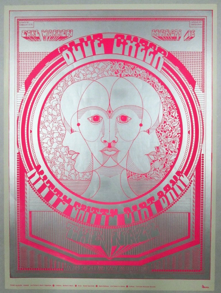 EARL WARREN SHOWGROUNDS BLUE CHEER CONCERT POSTER: 1960's Blue Cheer and the Nitty Gritty Dirt Band March 16, 1968 concert poster. Poster is designed by Frank Bettencourt and has Pacific Printing stamp bottom right. Poster is silver and magenta with b