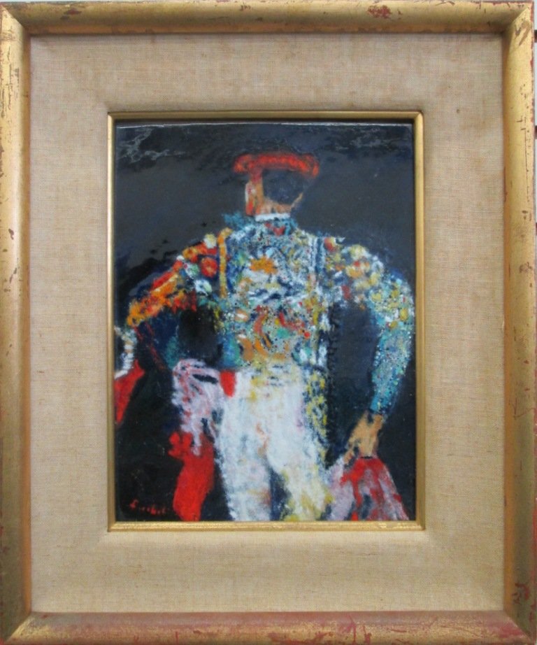MOLLY FISCHEL ENAMEL ON COPPER ART: Molly Fischel, a Chicago artist. Matador painting, signed lower left. Measures 9" x 11 1/2"
