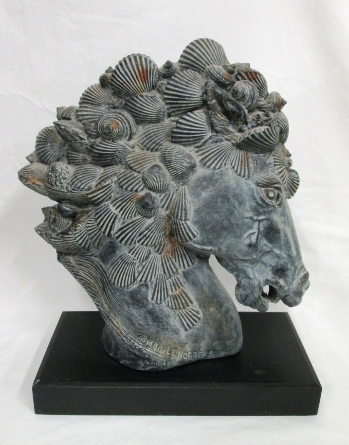 AFTER CHARLES LE NORREY'S HORSE SCULPTURE: Sea horse king rising from the foaming surf with mane of seashells. Alva museum replica. Measures 16" tall 13" x 6" wide.