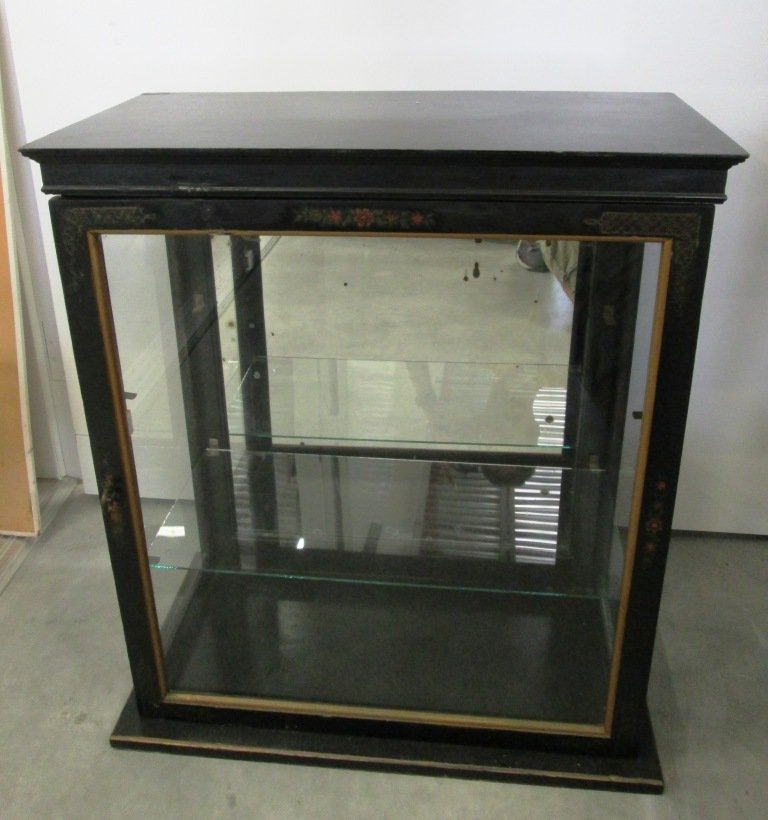 DISPLAY CABINET: Hand painted light up display cabinet. Cabinet has one glass shelf (one is missing but could hold a second shelf). Some spots to back mirror. Cabinet measures 29" tall 25" x 13 1/2" wide.