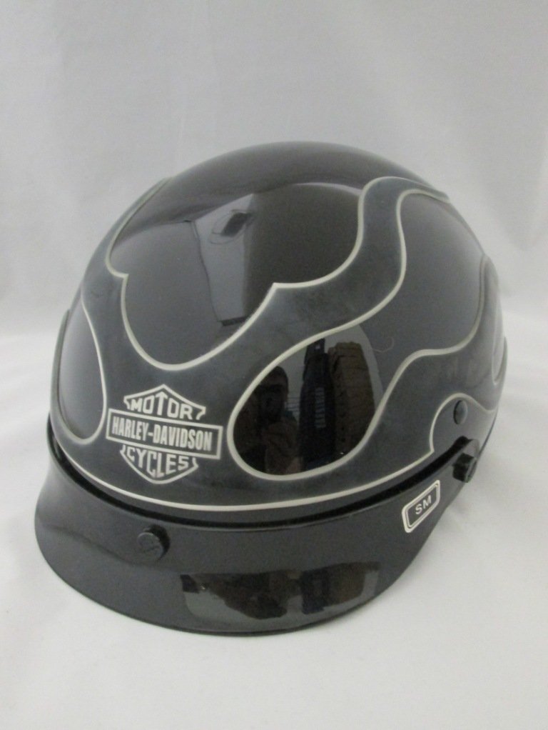 HARLEY DAVIDSON MOTORCYCLE HALF HELMET: Black with flame design. Size small.