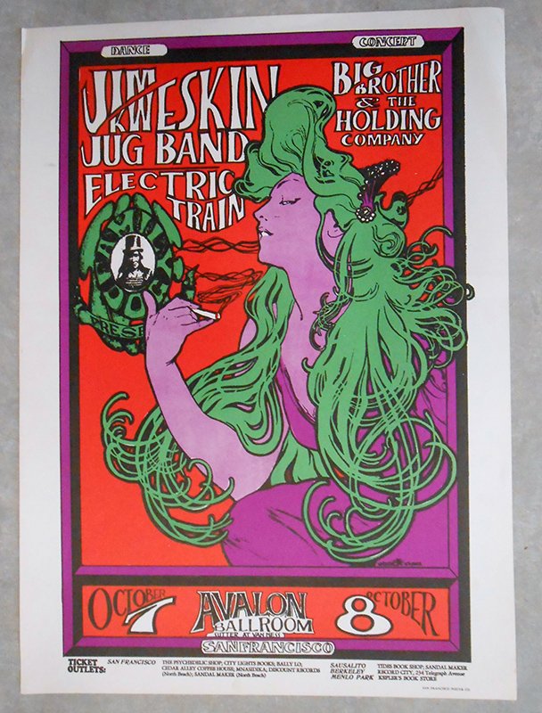 JIM KWESKIN JUG BAND AVALON BALLROOM POSTER: 1966 Poster was created by Alphonse Mucha. Poster measures 20" x 14"