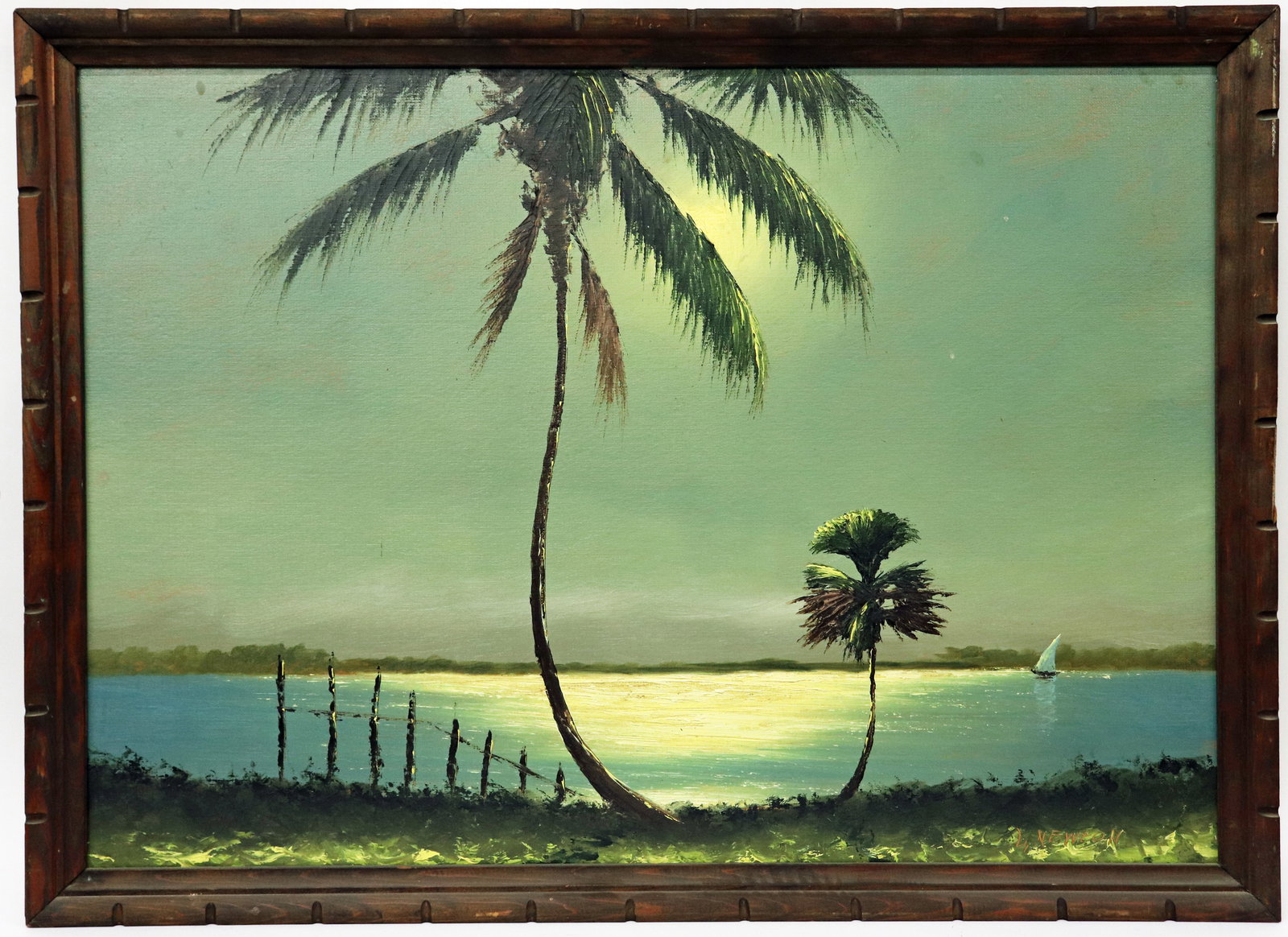 LEMUEL NEWTON NIGHT RIVER PALMS HIGHWAYMEN PAINTIN: Lemuel "Lem" Newton (1950-2014) Vintage Highwaymen painting of a Florida night river landscape with tall palm trees, fence, moonlit sky, water, and sailboat in the distance. Signed lower right L. Newt