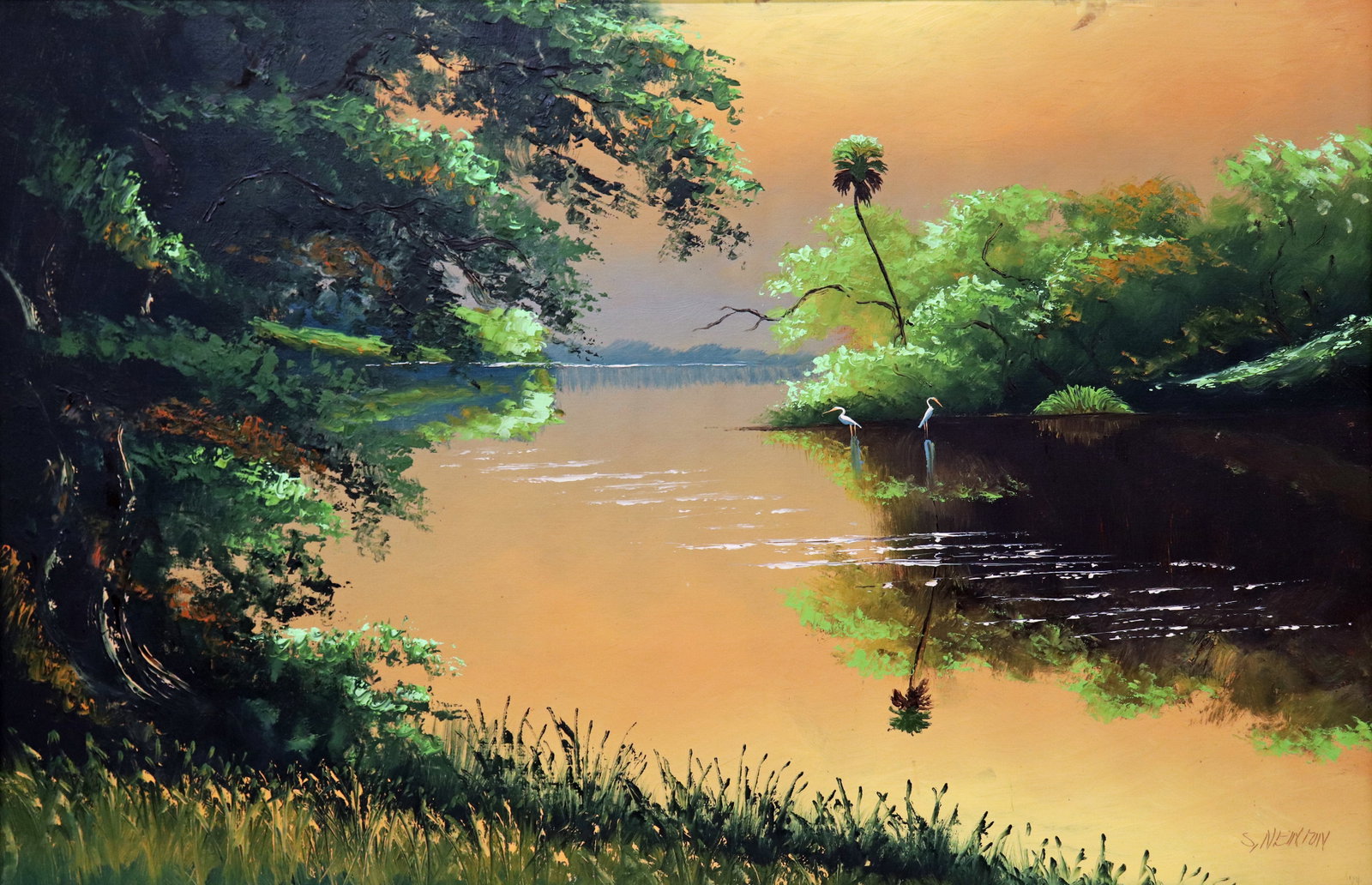SAM NEWTON 74' BACKWATER SUNSET HIGHWAYMEN: Sam Newton (b. 1948) Vintage Highwaymen painting of a Florida backwoods river scene with orange & yellow sun setting sky, green vegetation, water, birds, and lone palm tree. Heavy paint accents in the
