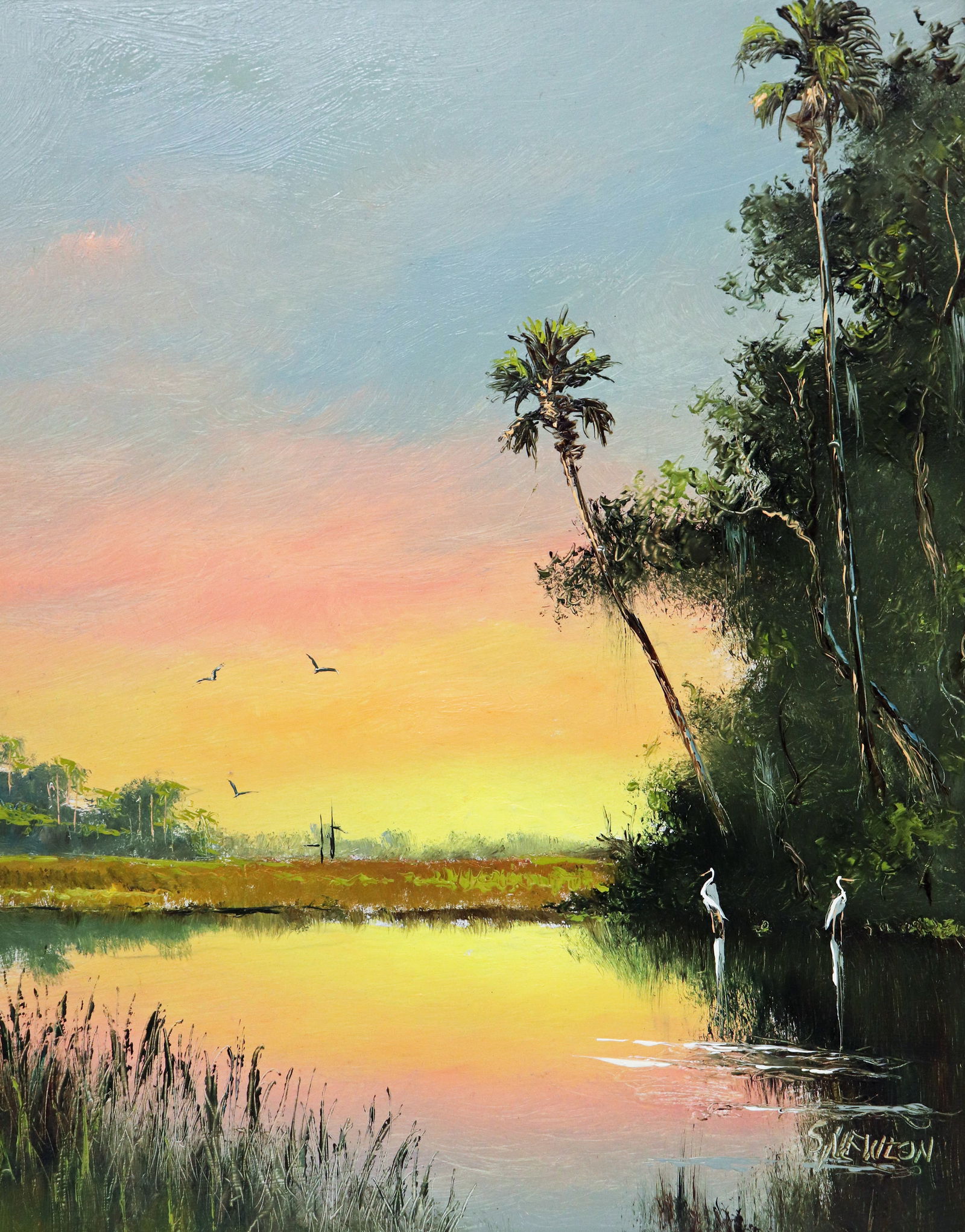 SAM NEWTON BACKWOODS SUNRISE HIGHWYAMEN PAINTING: Sam Newton (b. 1948) Highwaymen painting of a colorful backwoods Florida landscape with tall palm trees, birds, water, vegetation, and a pastel color orange & yellow sunrise sky. Signed lower right. M