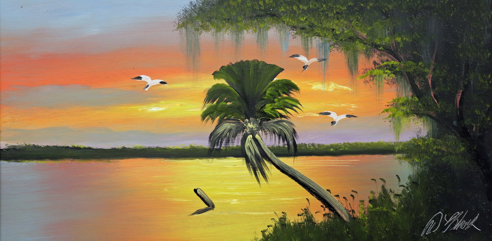 AL BLACK PALM TREE AT SUNSET HIGHWAYMEN PAINTING: Al Black (1947-2025) Florida Highwaymen oil painting depicts a panoramic landscape with centered palm tree with three sea gulls in flight and a tangerine colored background sky, with a lone piling pee