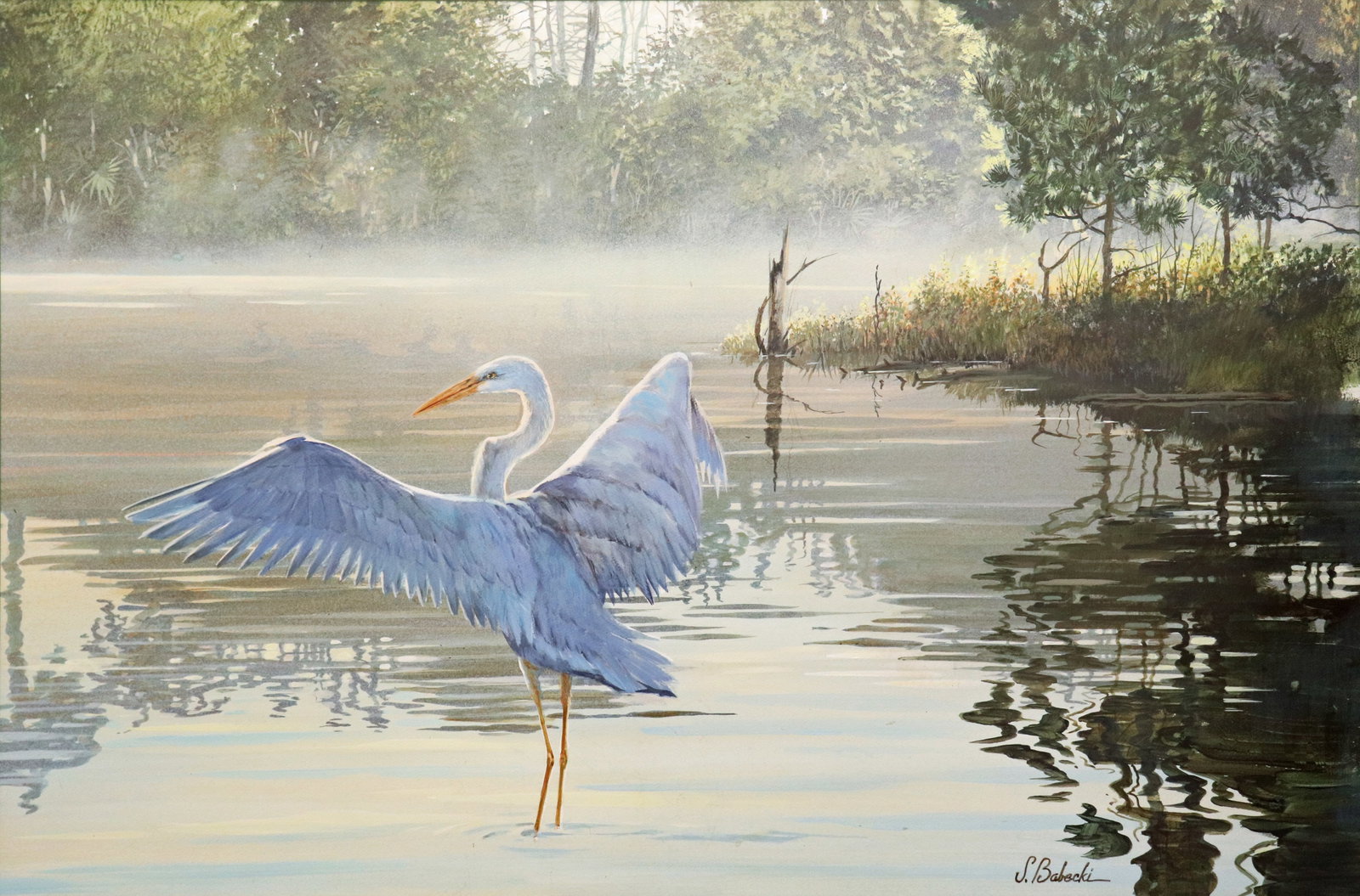 STEVEN BABECKI FLORIDA GREAT BLUE HERON PAINTING: Steven (Steve) Babecki original watercolor / mixed media painting of Florida backwoods river landscape with a large great blue heron in the water. Signed lower right. Measures 36" x 24" (sight) and 45