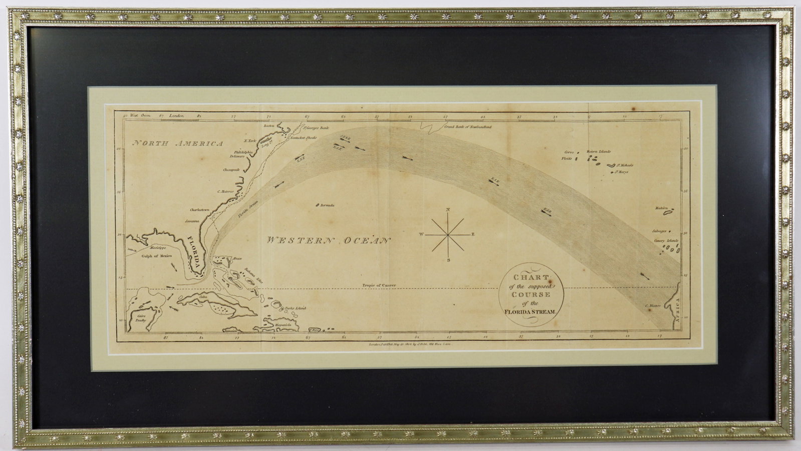 CHART OF THE SUPPOSED COURSE FLORIDA STREAM 1804: Chart of the Supposed Course of the Florida Stream, this simple black and white chart depicts the Gulf Stream from the Strait of Florida to the Coast of Africa. London published May 31, 1804 by J. Gol