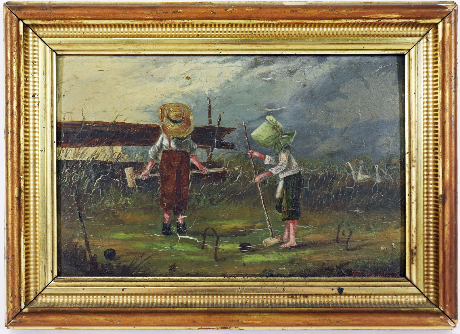 H. DAY SMALL OIL PAINTING CHILDREN PLAYING CROQUET (1 of 4)