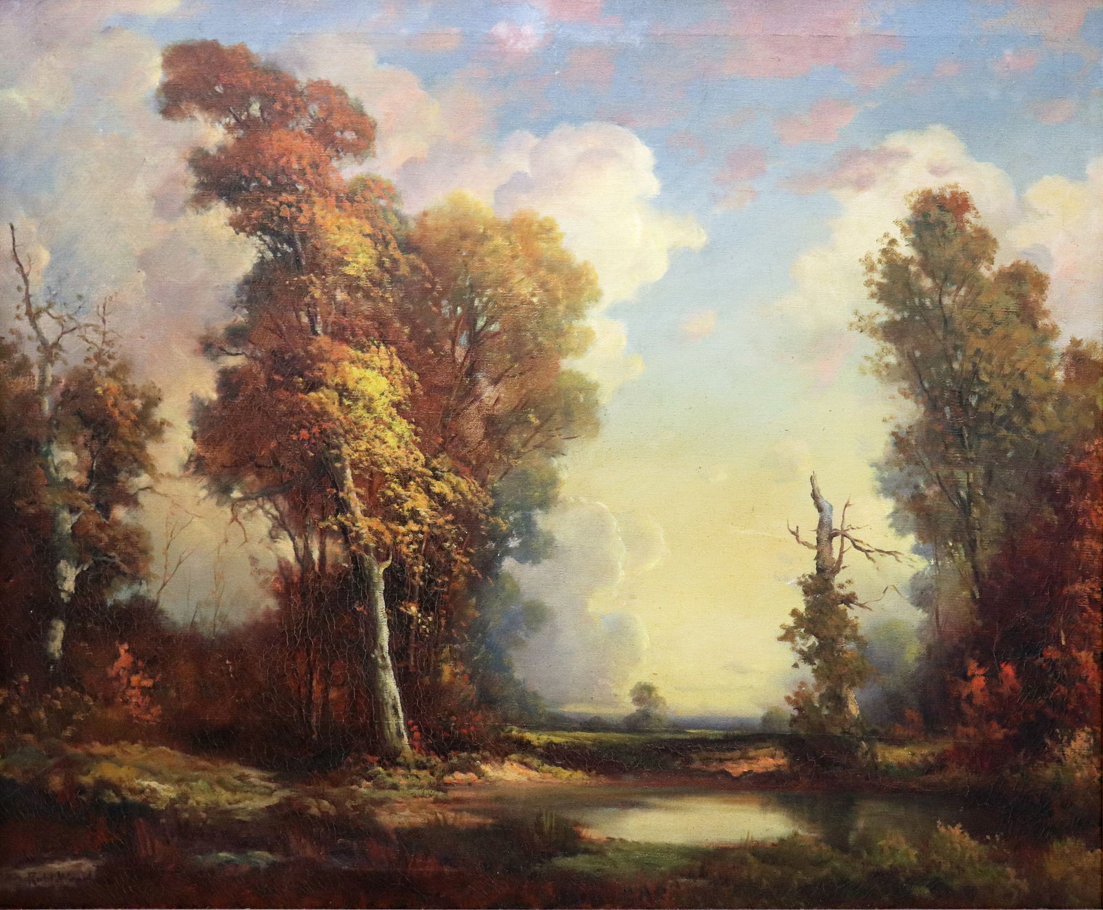 ROBERT WILLIAM WOOD AUTUMN LANDSCAPE OIL ON CANVAS: Robert William Wood (1889-1979) Large oil on canvas Autumn landscape with a group of trees under a cloudy sky. Signed lower left. Some age related craquelure. Measures 36" x 30" and framed measures 35