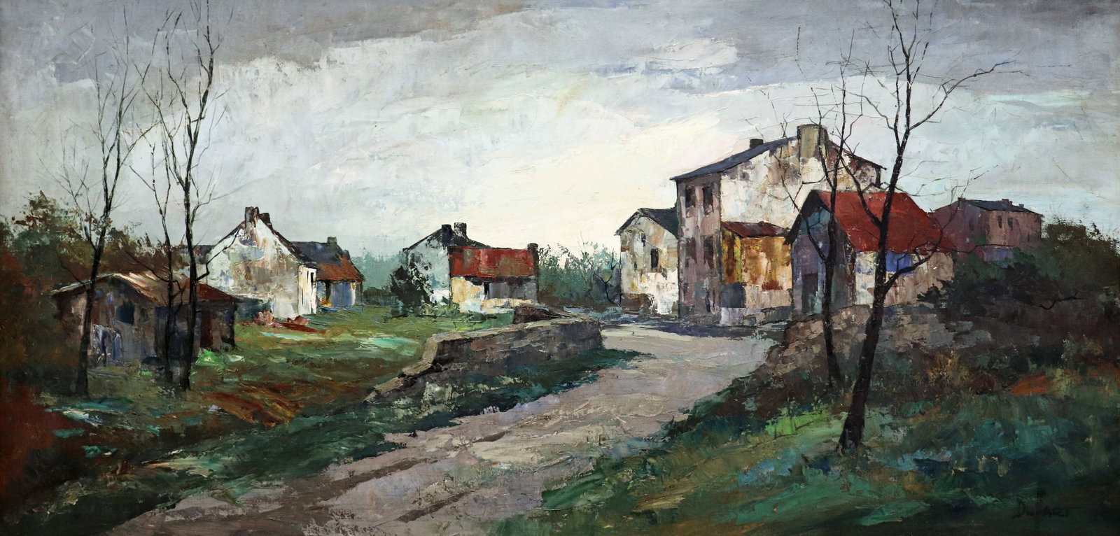 JULES DUFFART VILLAGE IN WINTER PAINTING: Jules Duffart (French, 20th Century) Large oil painting on canvas of a winter village landscape scene. Signed lower right. Measures 48" x 24" and framed measures 54" x 30.5" x 2.5".