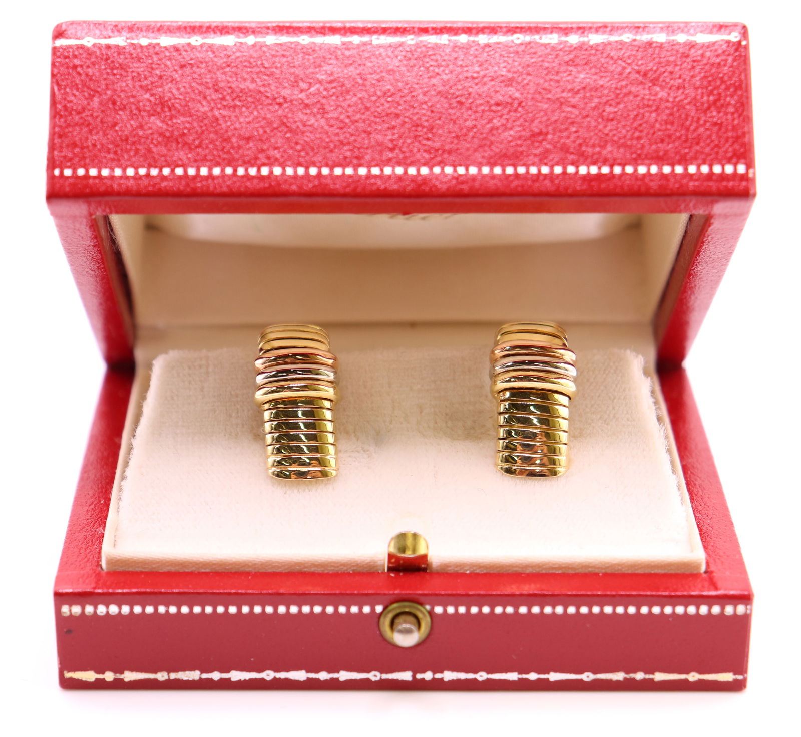 CARTIER 18K TRI COLOR TUBOGAS EARRINGS: Cartier 18KT tricolor, white yellow, and rose gold earrings with box. Earrings measure approximately1 7/8" long, total weight 22 grams (14.1 DWT).