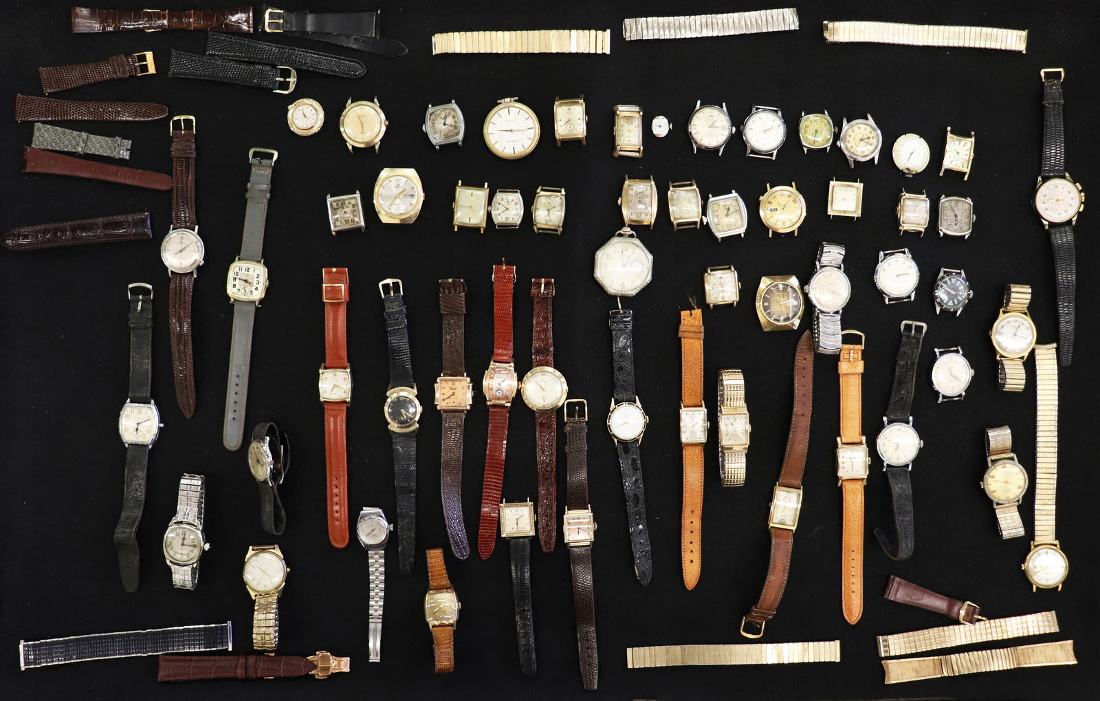 VINTAGE WATCH COLLECTION: A large assortment of vintage wristwatches and & more. Some working, some for parts. Includes Hamilton, Waltham, Vantage Bulova Accutron, Timex, Benrus, Lucerne, Endura Sport, Seiko, Saxony, Gruen, Ro
