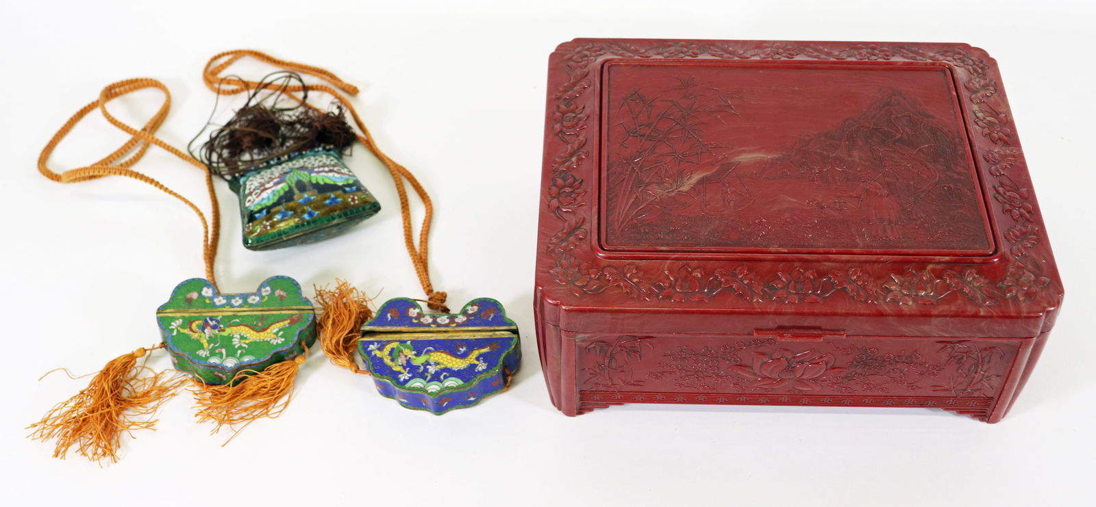 JAPANESE BOX WITH (3) CLOISONNE ENAMEL BOXES (1 of 3)