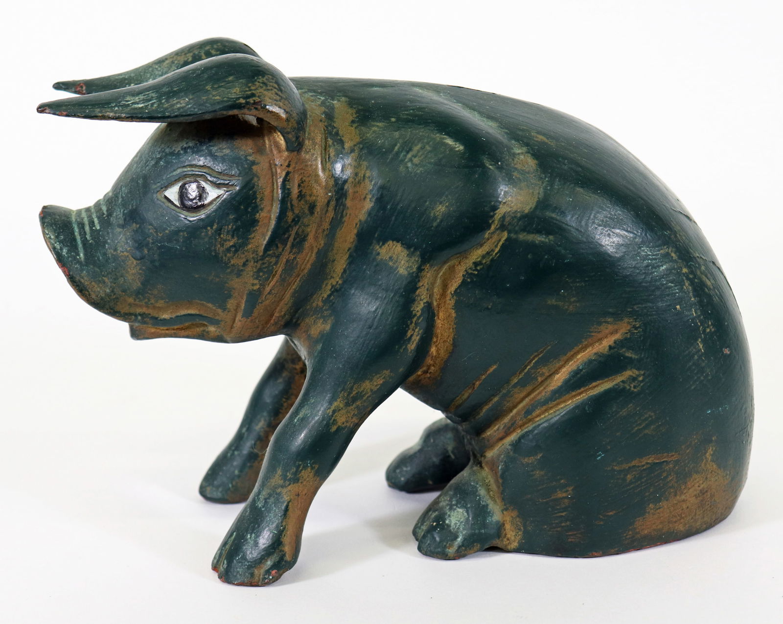 VINTAGE HAND CARVED AND PAINTED GREEN WOOD PIG (1 of 4)