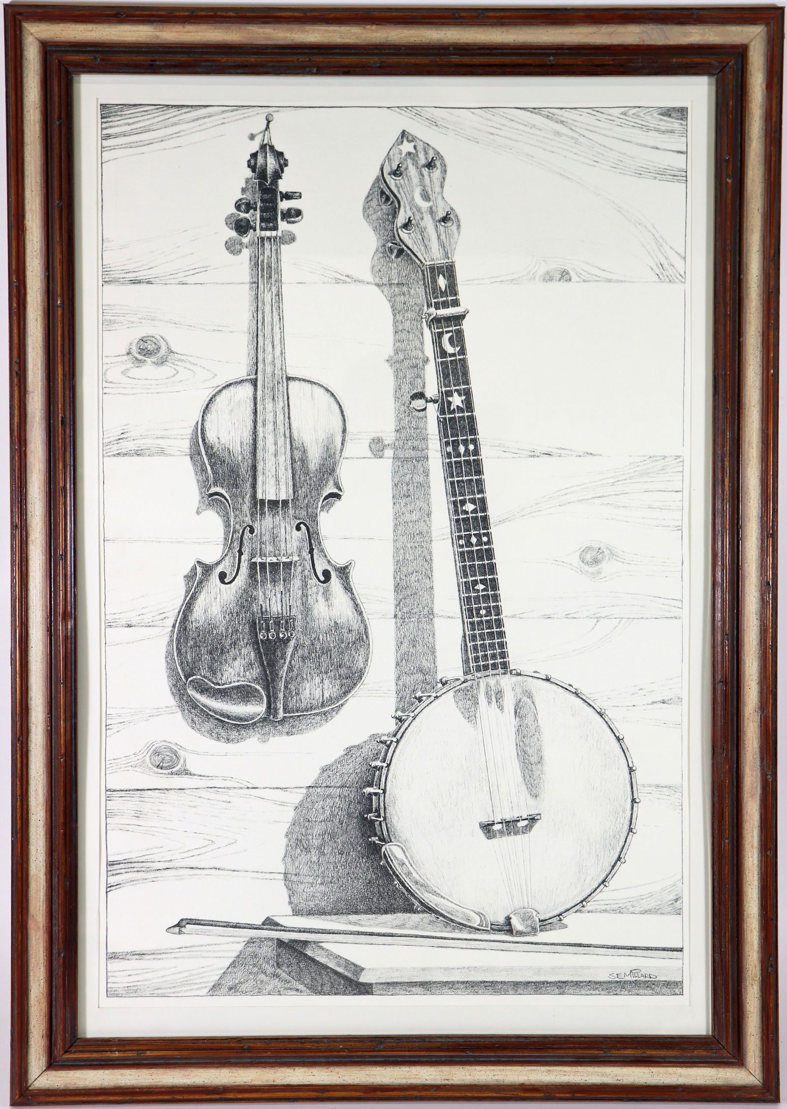 FIDDLE AND FIVE STRING BANJO PENCIL DRAWING: A still life musical instrument pencil sketch drawing of a fiddle and banjo, signed by the artist lower right, SE Millard. Sketch measures 26" x 16 1/2", framed measures 32" x 22 1/2" x 1".