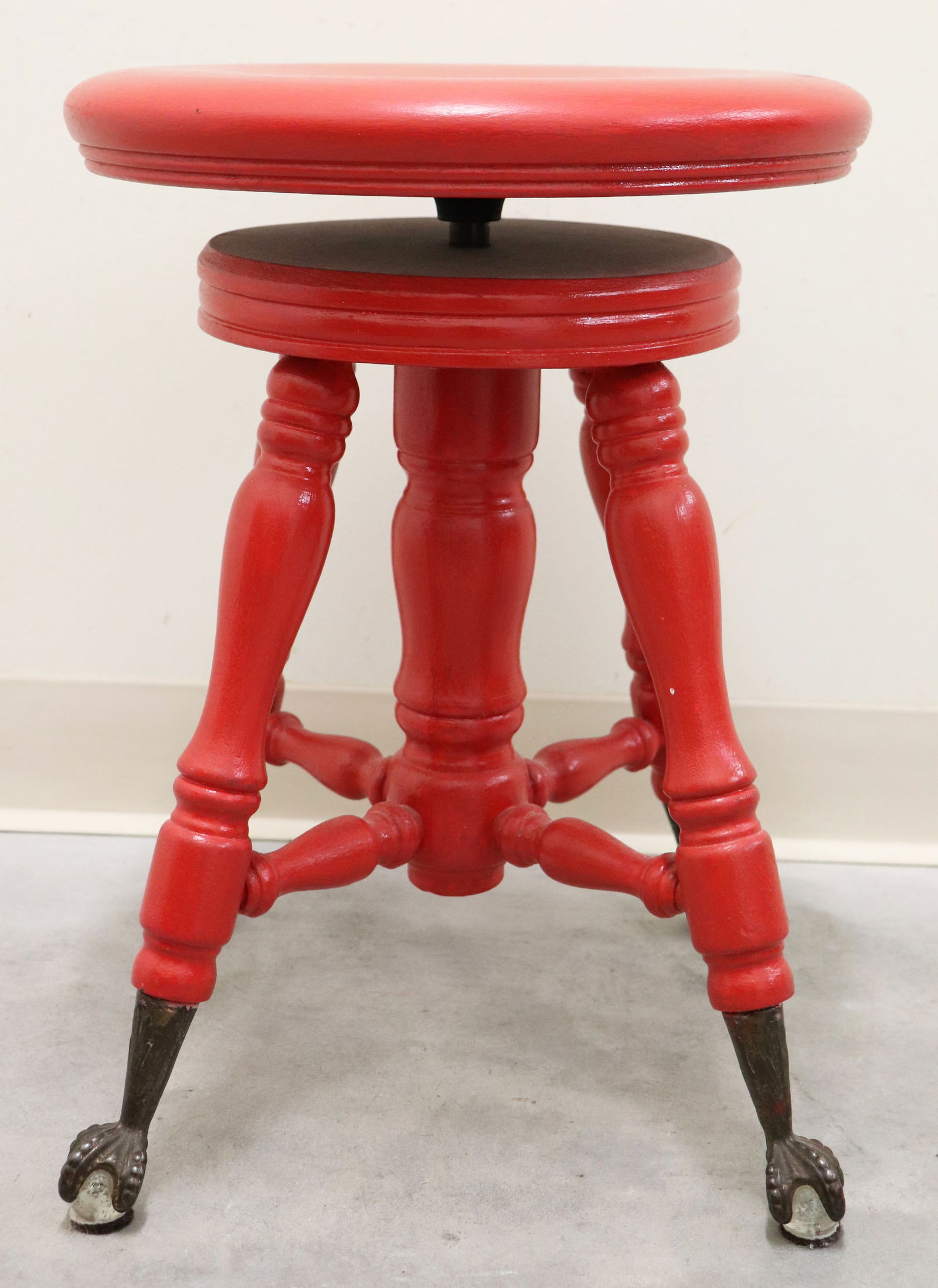 RED ANTIQUE SWIVEL PIANO STOOL WITH GLASS BALL FEE (1 of 2)