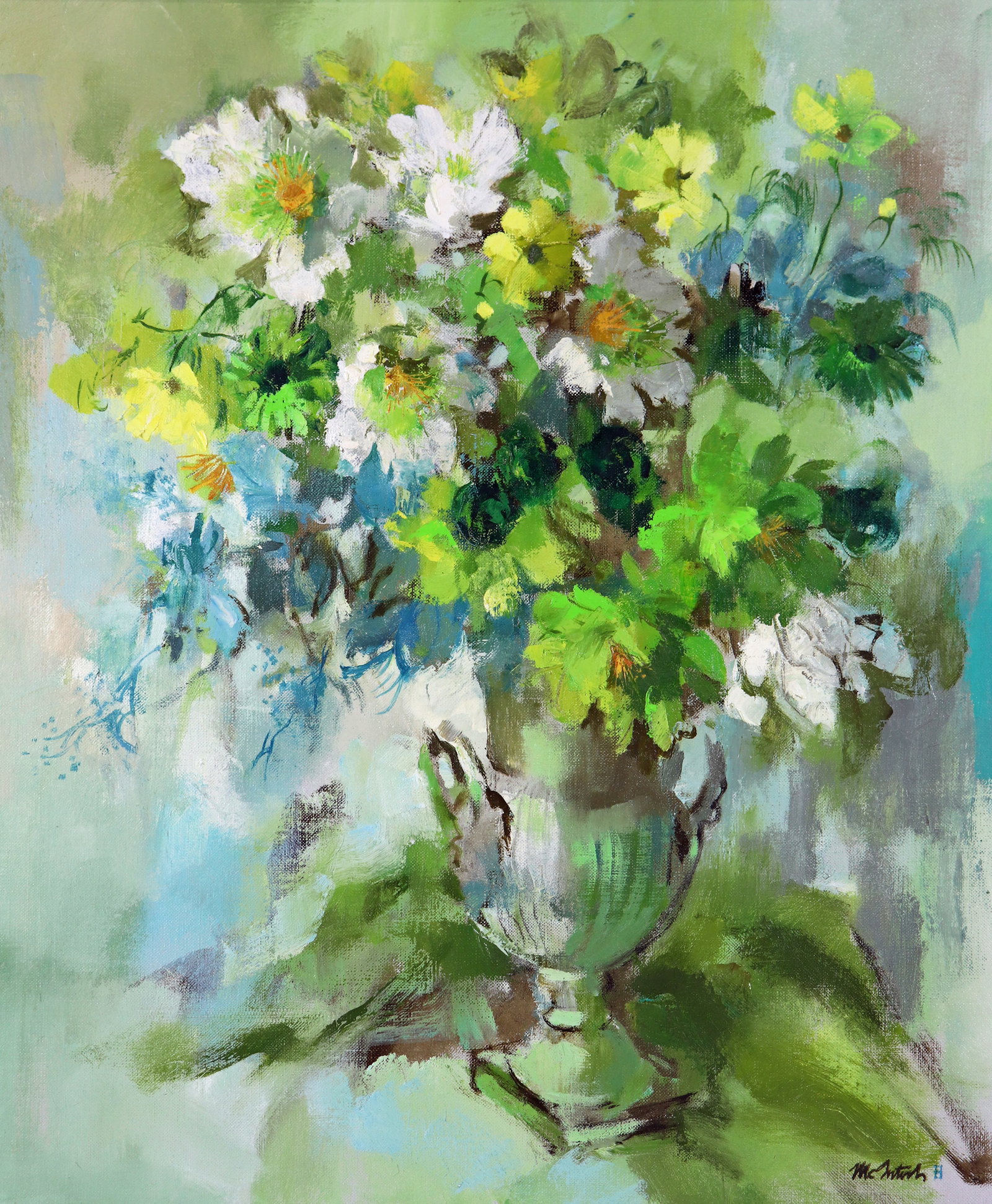 HAL MCINTOSH FLORAL STILL LIFE PAINTING: Hal McIntosh (American, 1927-2016) Floral bouquet acrylic on canvas. Signed lower right. Measures 24" x 20" & framed measures 31 3/4" x 21 1/2" x 1 3/4".