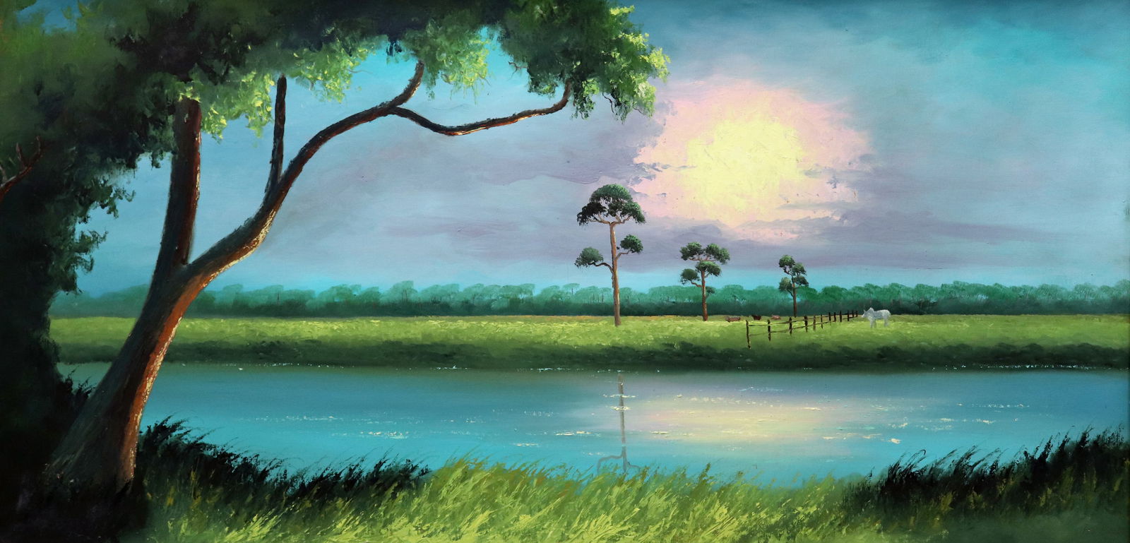 HEZEKIAH BAKER FLORIDA COWS HIGHWAYMEN PAINTING: Hezekiah Baker (1940-2007) Vintage Highwaymen painting of a Florida backwoods landscape with cloudy blue sky, tall pine trees, large oak tree, and pasture with cows and fence. Painting was originally
