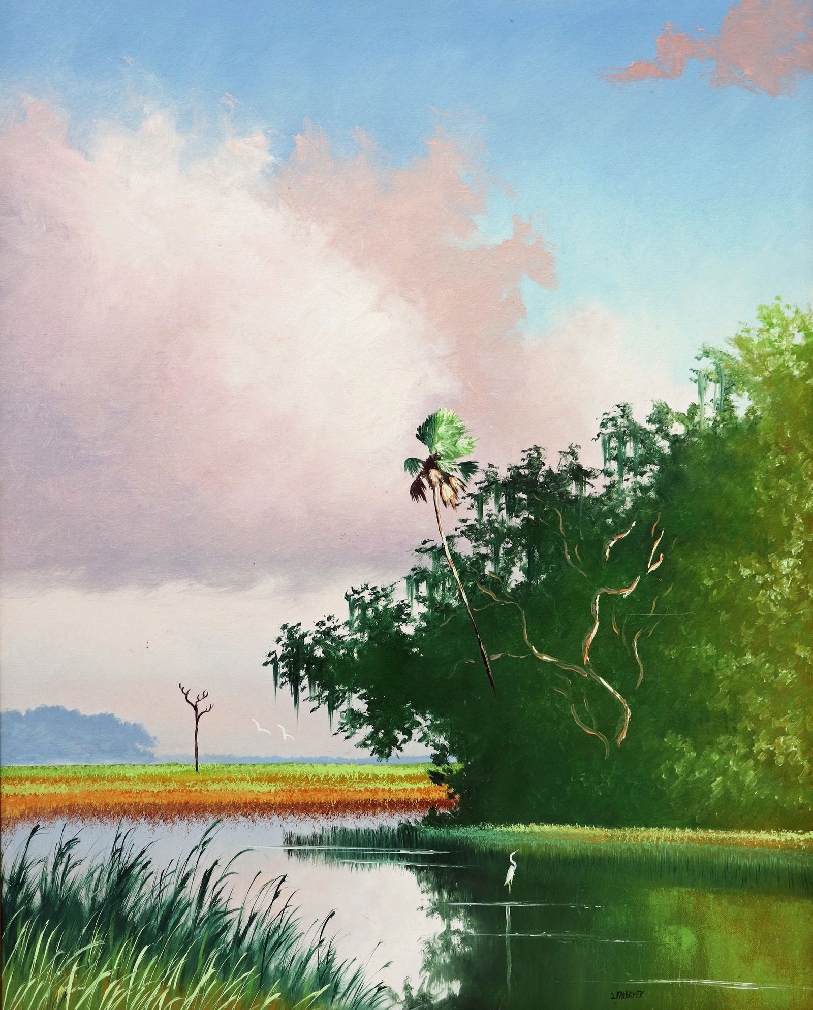 LIVINGSTON ROBERTS COLORFUL RIVER FLORIDA HIGHWAYMEN PAINTING: Livingston "Castro" Roberts (1941-2004) Highwaymen painting of a colorful Florida backwoods river scene with cloudy blue sky, green vegetation, tall palm tree, birds, and water. Signed lower right. Me