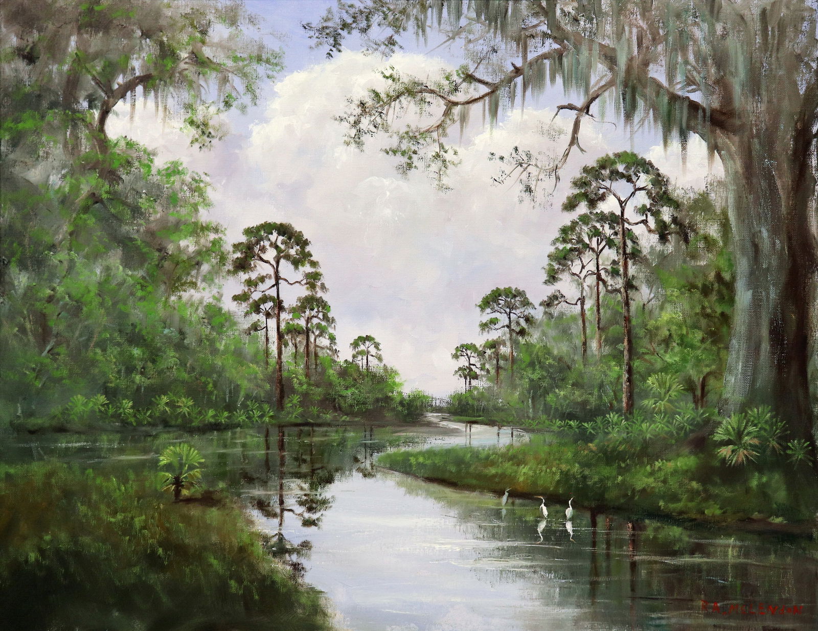 ROY MCLENDON WINDING RIVER HIGHWAYMEN PAINTING: Roy Mclendon (1932-2024) Highwaymen painting of a Florida backwoods landscape with winding river cutting through tall pine trees and green vegetation. The scene is detailed with wading birds in the wa