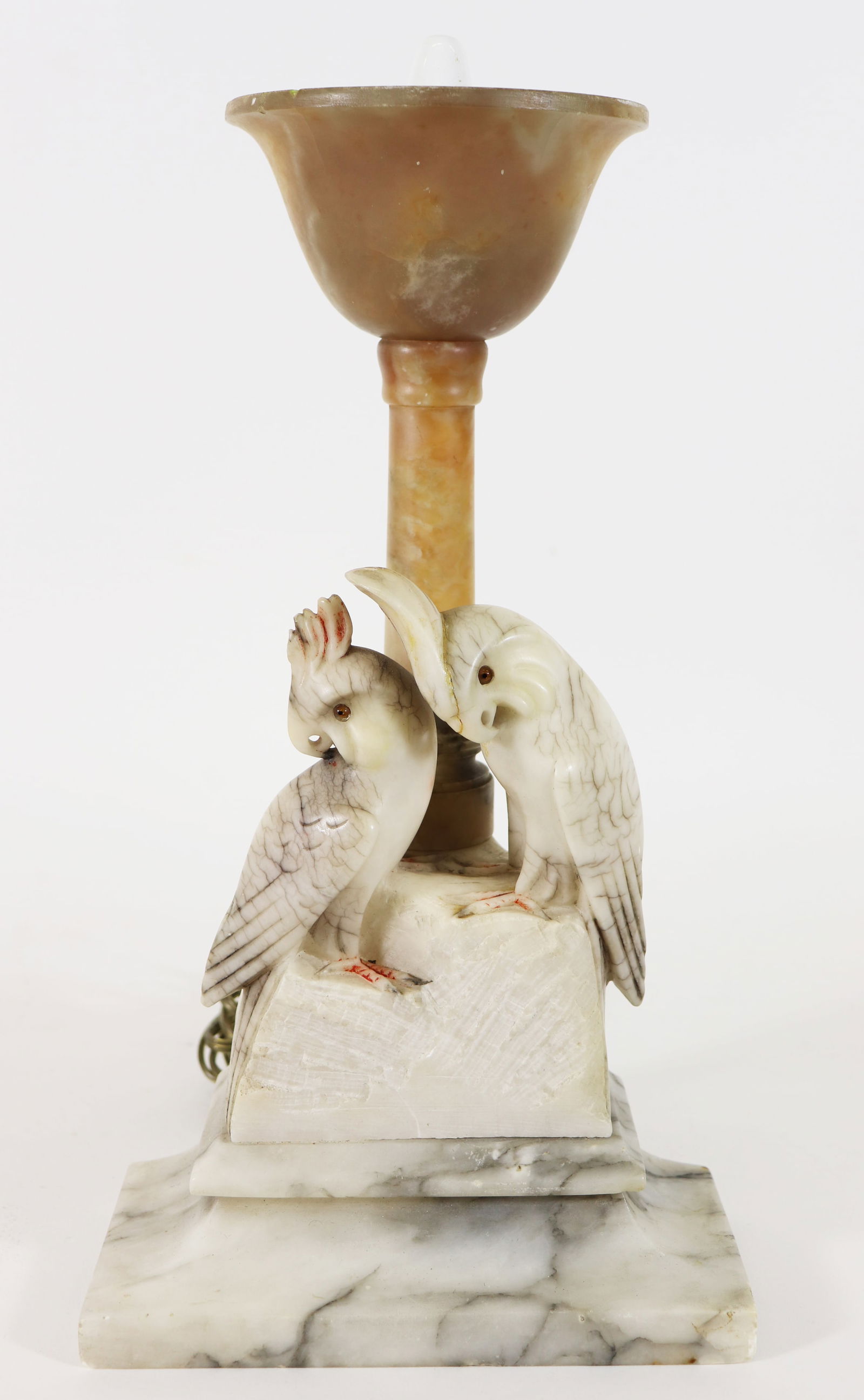 VINTAGE CARVED ALABASTER BIRD LAMP: Vintage Italian carved alabaster stone lamp with two birds (one with repair). Measures 15" x 8" x 4"
