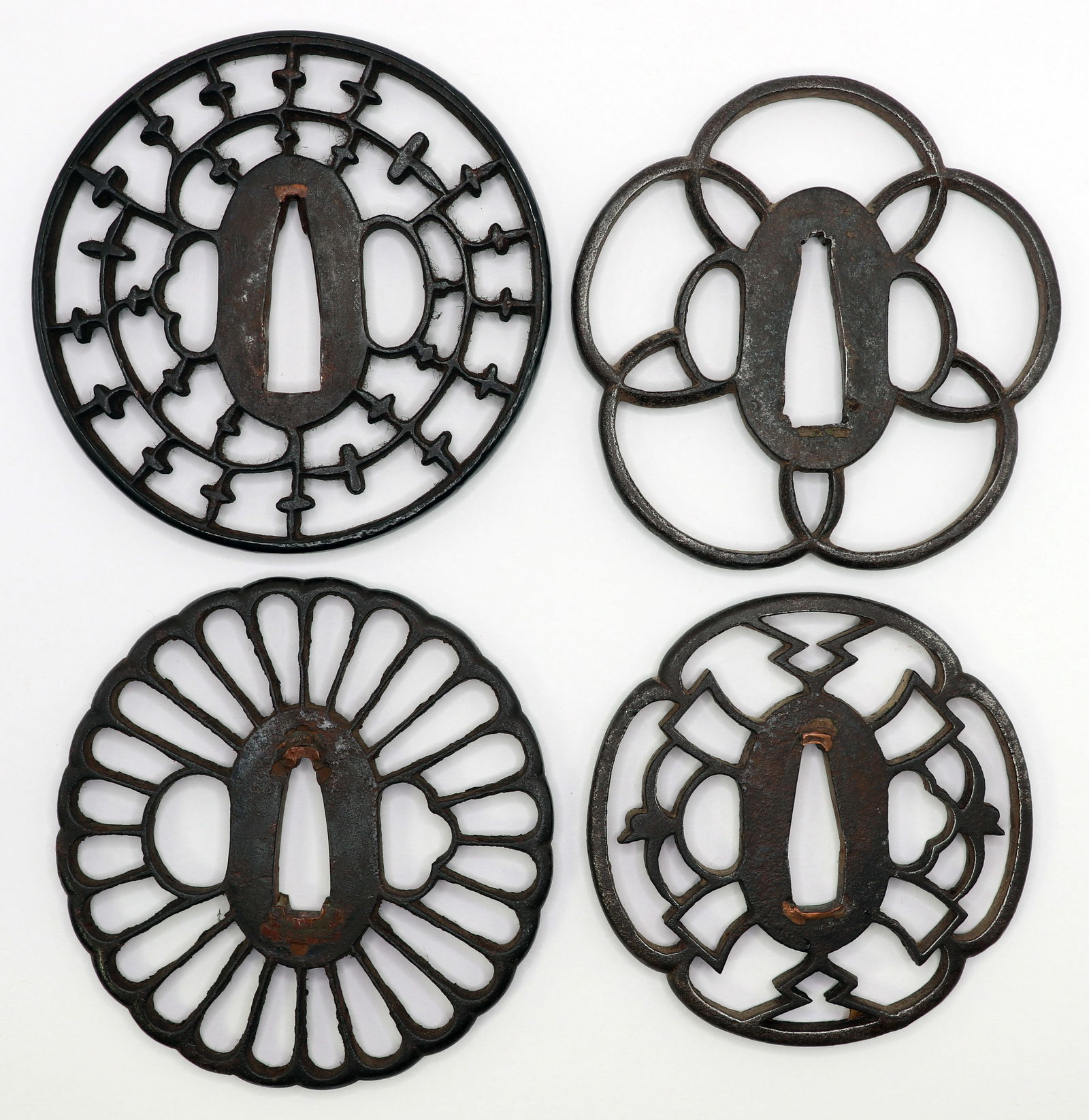 (4) JAPANESE TSUBA SAMURAI SWORD GUARDS -GEOMETRIC (1 of 2)